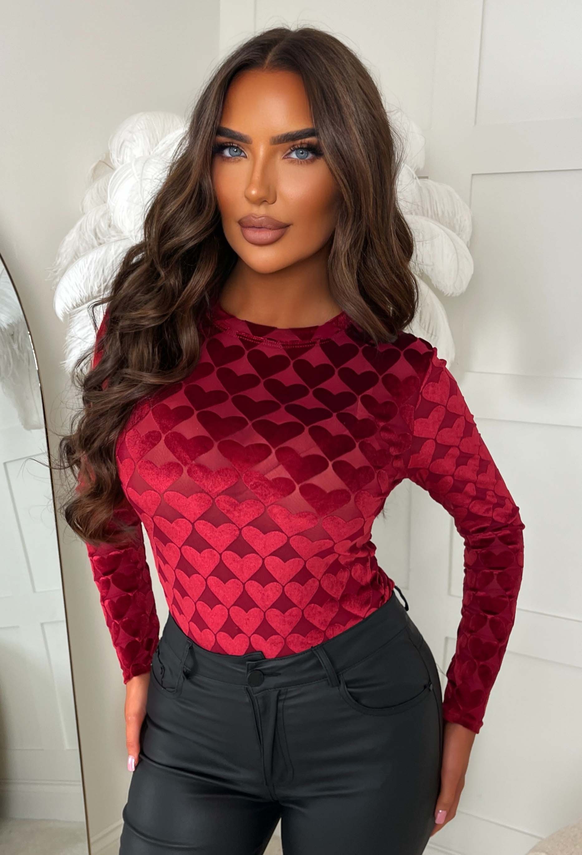 Love Me Later Burgundy Velvet Mesh Heart Bodysuit