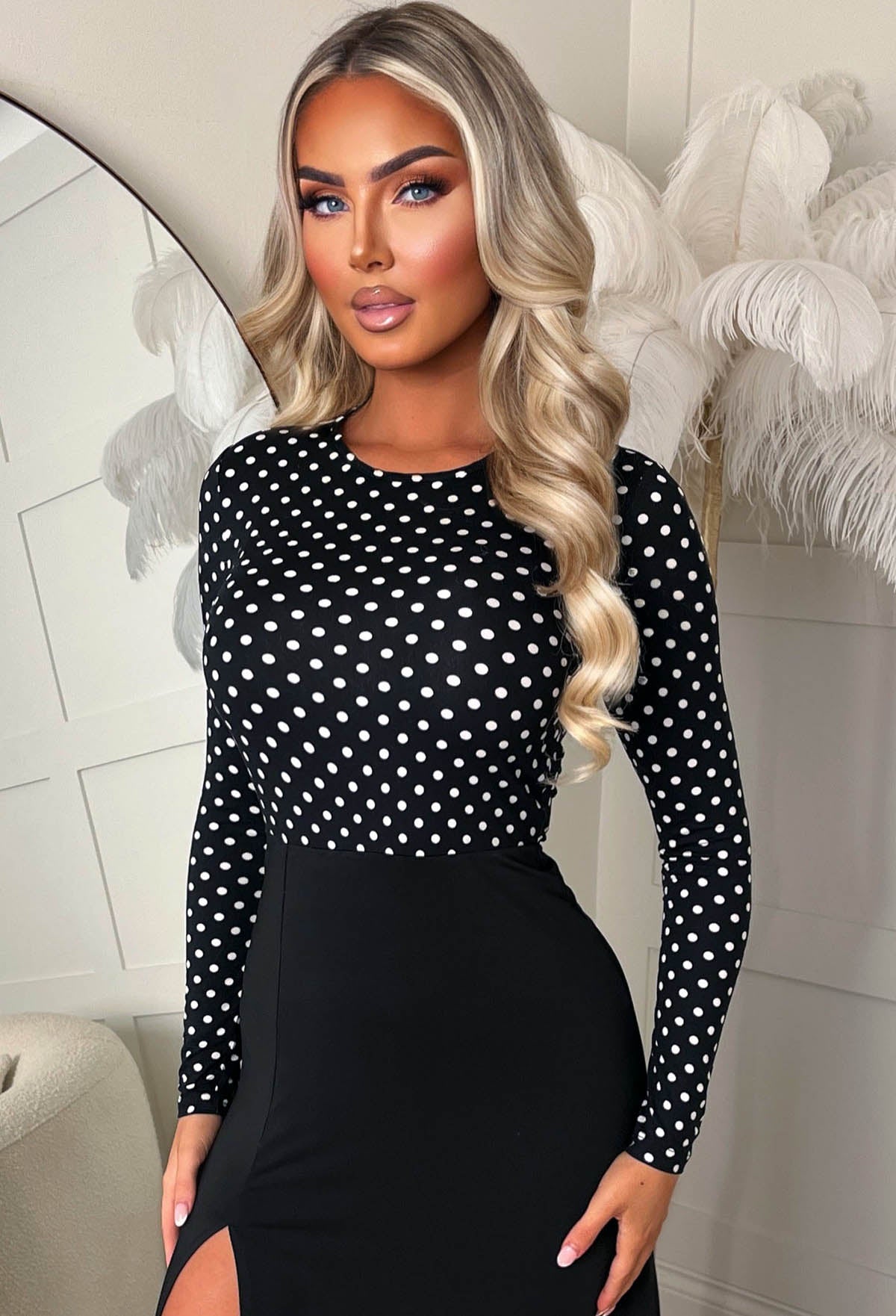 Love On The Line Black Polka Dot 2-in-1 Long Sleeve Stretch Midi Dress