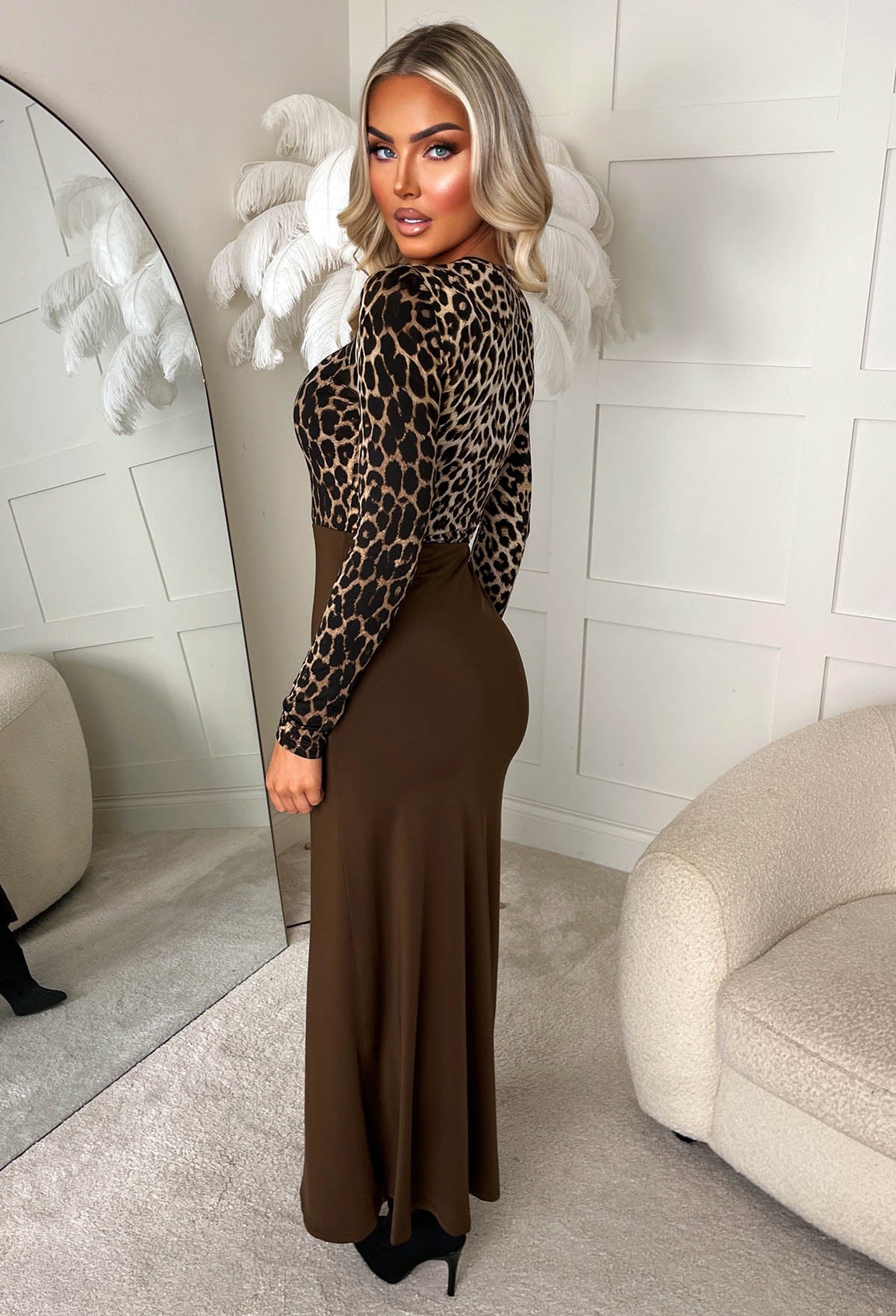 Love On The Line Brown Leopard 2-in-1 Long Sleeve Stretch Midi Dress
