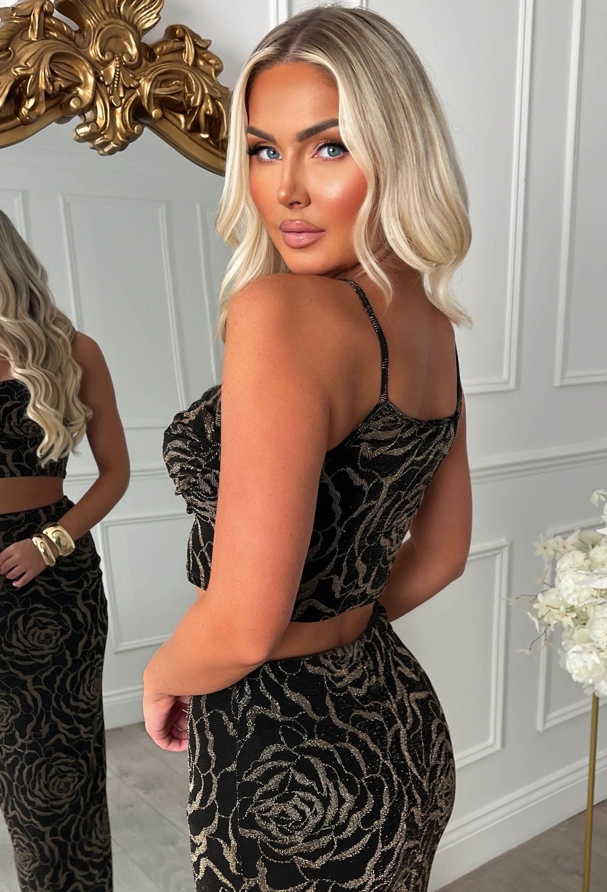 Love To Dream Black Lurex Flower Pattern Midi Skirt Co-ord Set