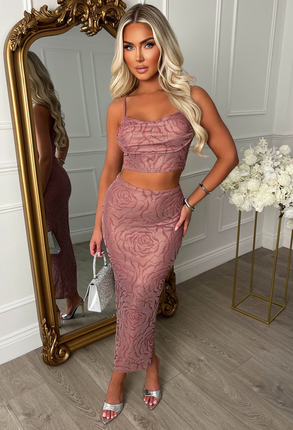 Love To Dream Pink Lurex Flower Pattern Midi Skirt Co-ord Set