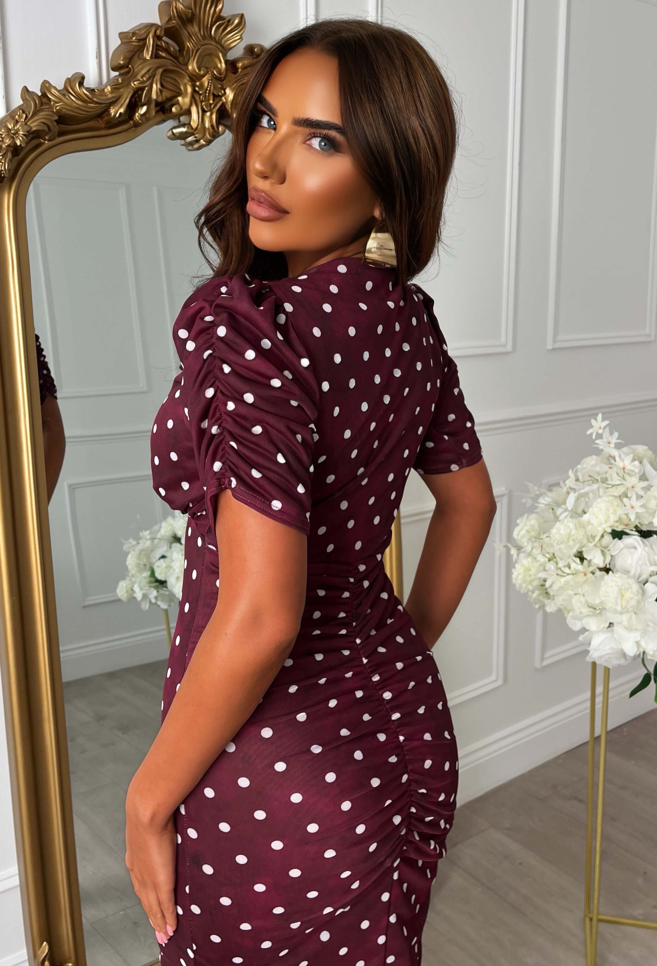 Love You Always Burgundy Polka Dot Ruched Front Midi Dress