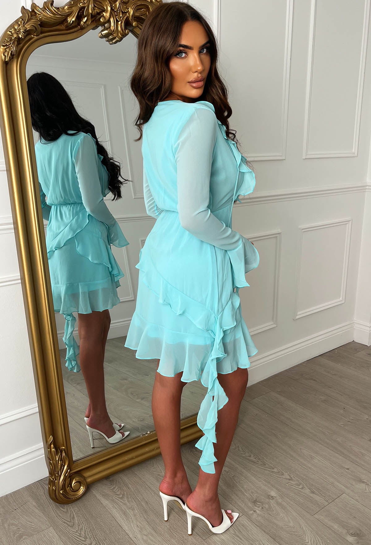 Lovers On The Med Aqua Chiffon Frill Mini Dress