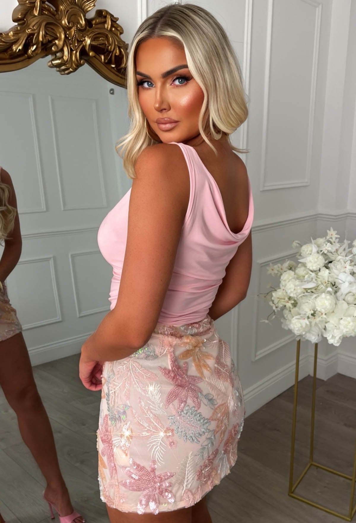 Lovers Rock Pink Floral Sequin Skirt With Slit