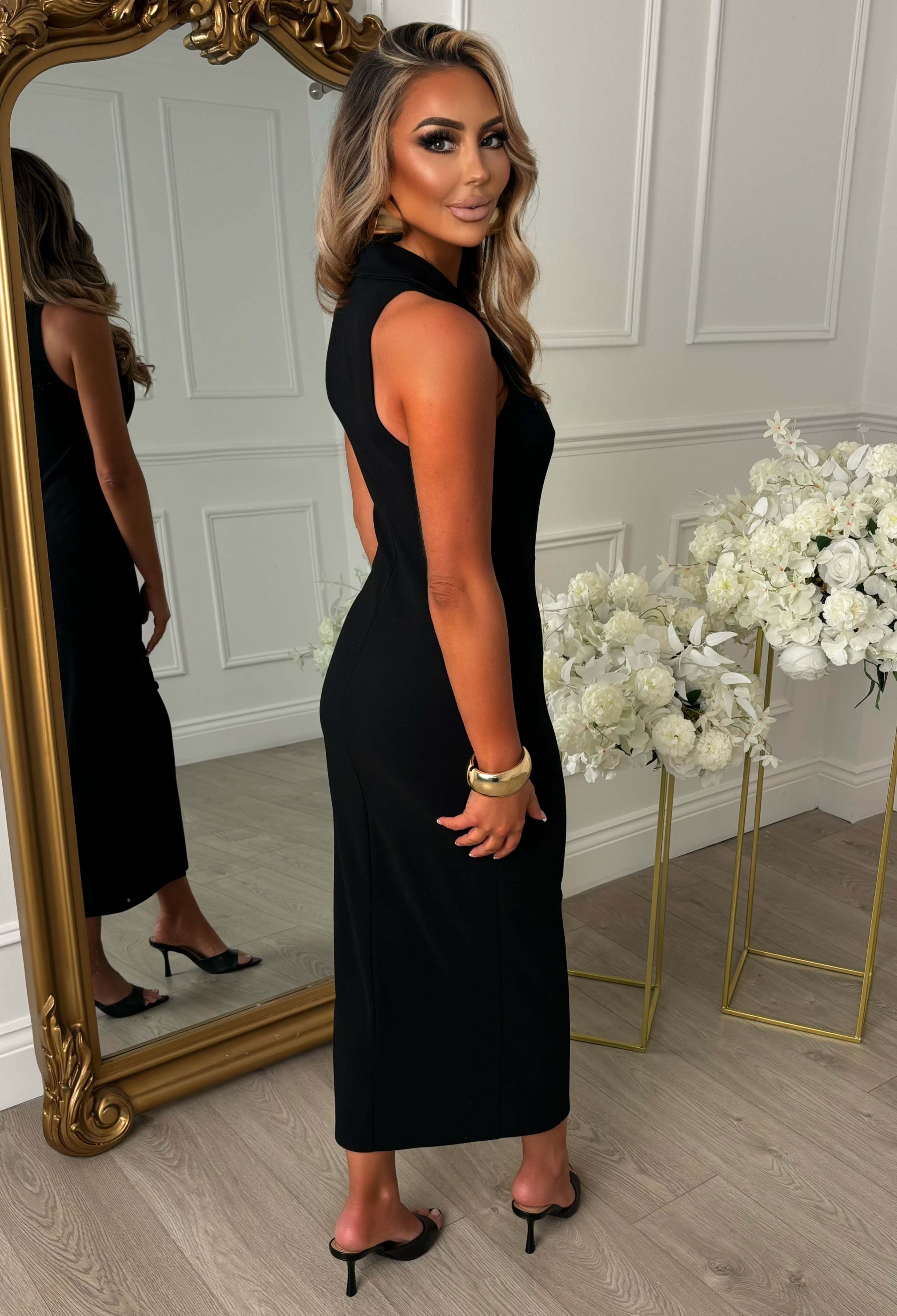 Lucky Lady Black Button Front Collared Pencil Midi Dress