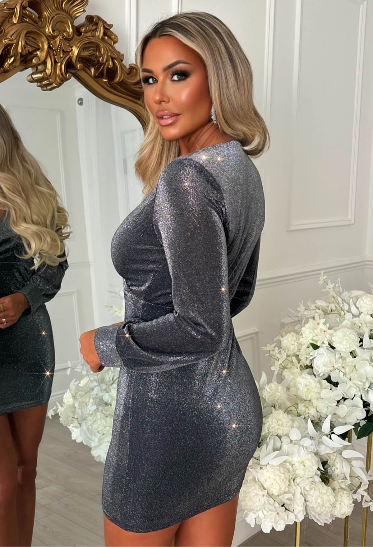 Luminous Lady Black Silver Lurex Wrap Mini Dress