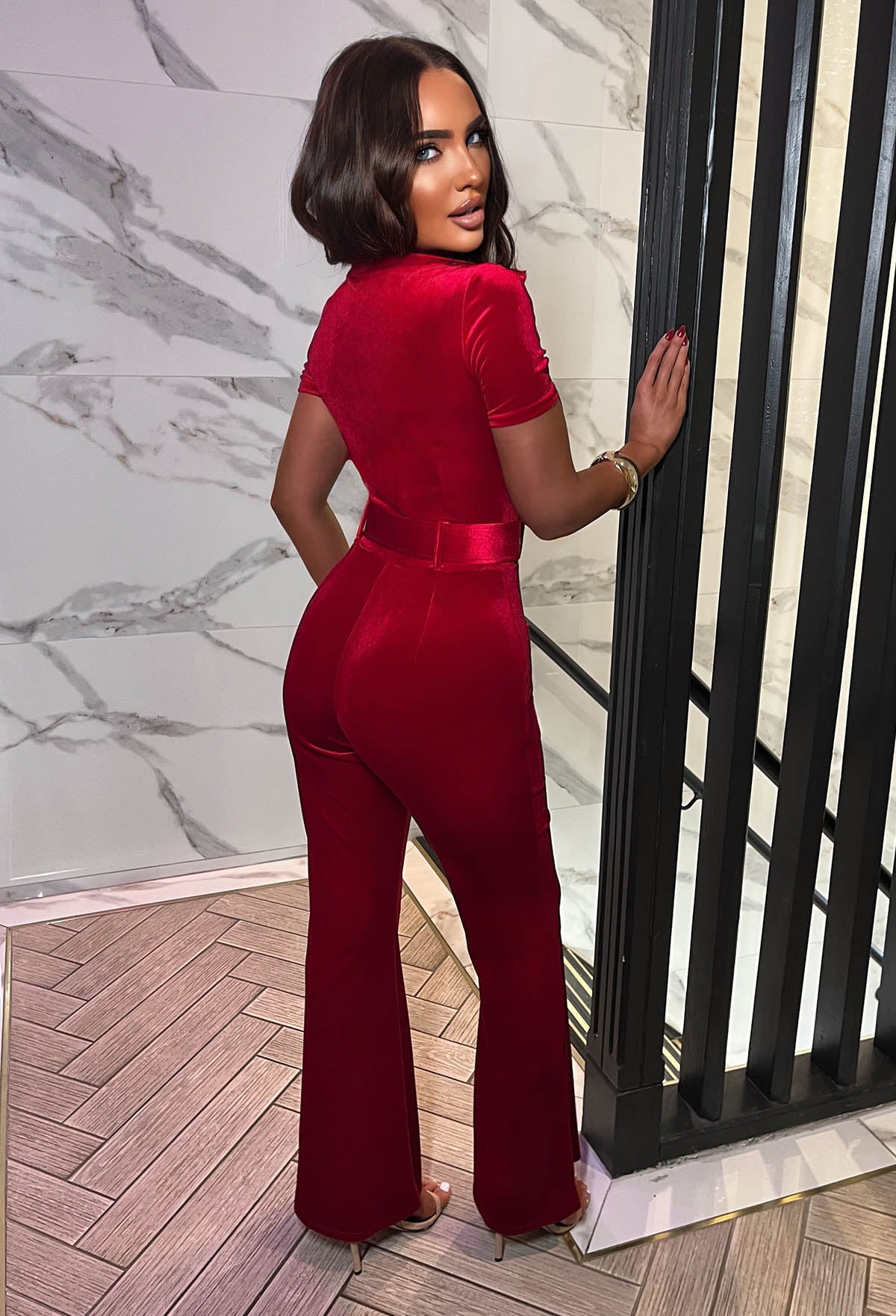 Lux Fatale Red Zip Front Velvet Jumpsuit