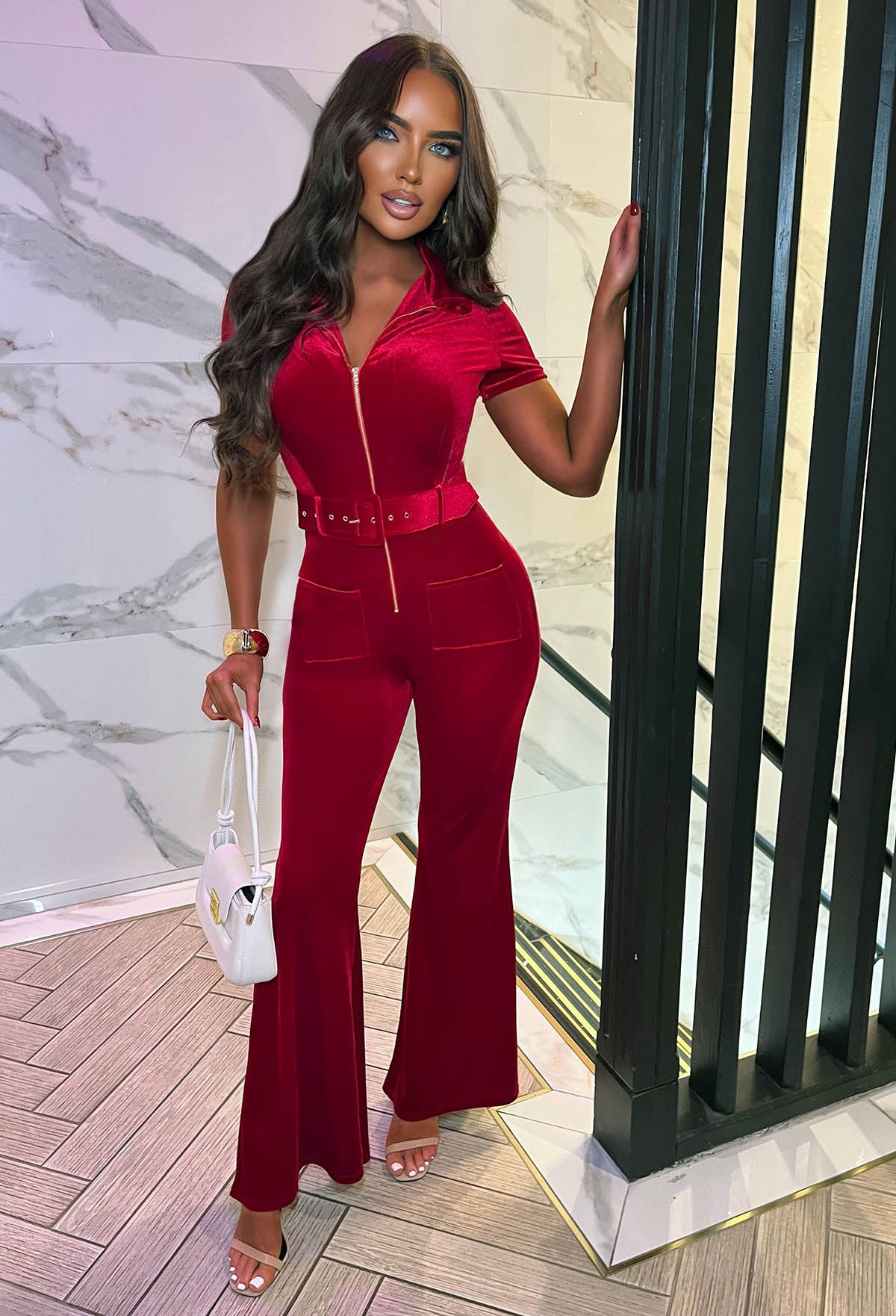 Lux Fatale Red Zip Front Velvet Jumpsuit