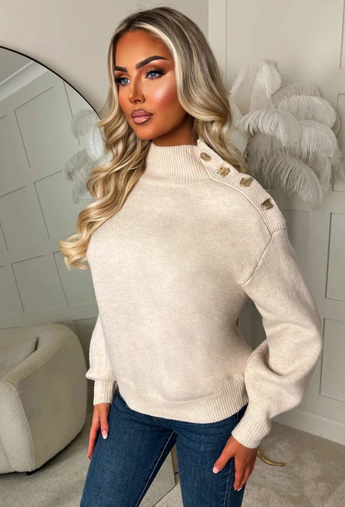 Luxe Chic Stone Gold Button Detail High Neck Jumper