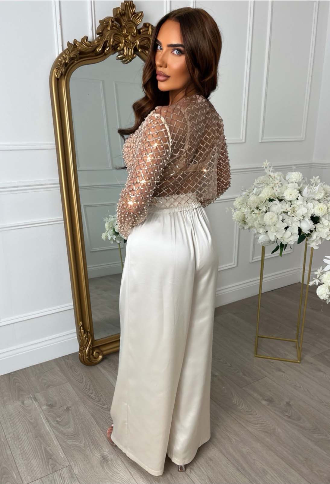 Luxe & Loud Champagne Stretch Satin Straight Leg Trousers