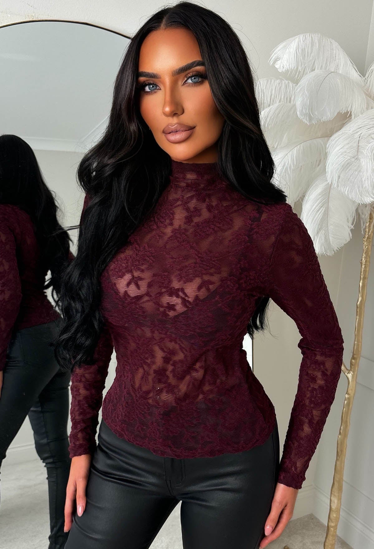 Luxe Vision Burgundy Sheer Lace Long Sleeve Top