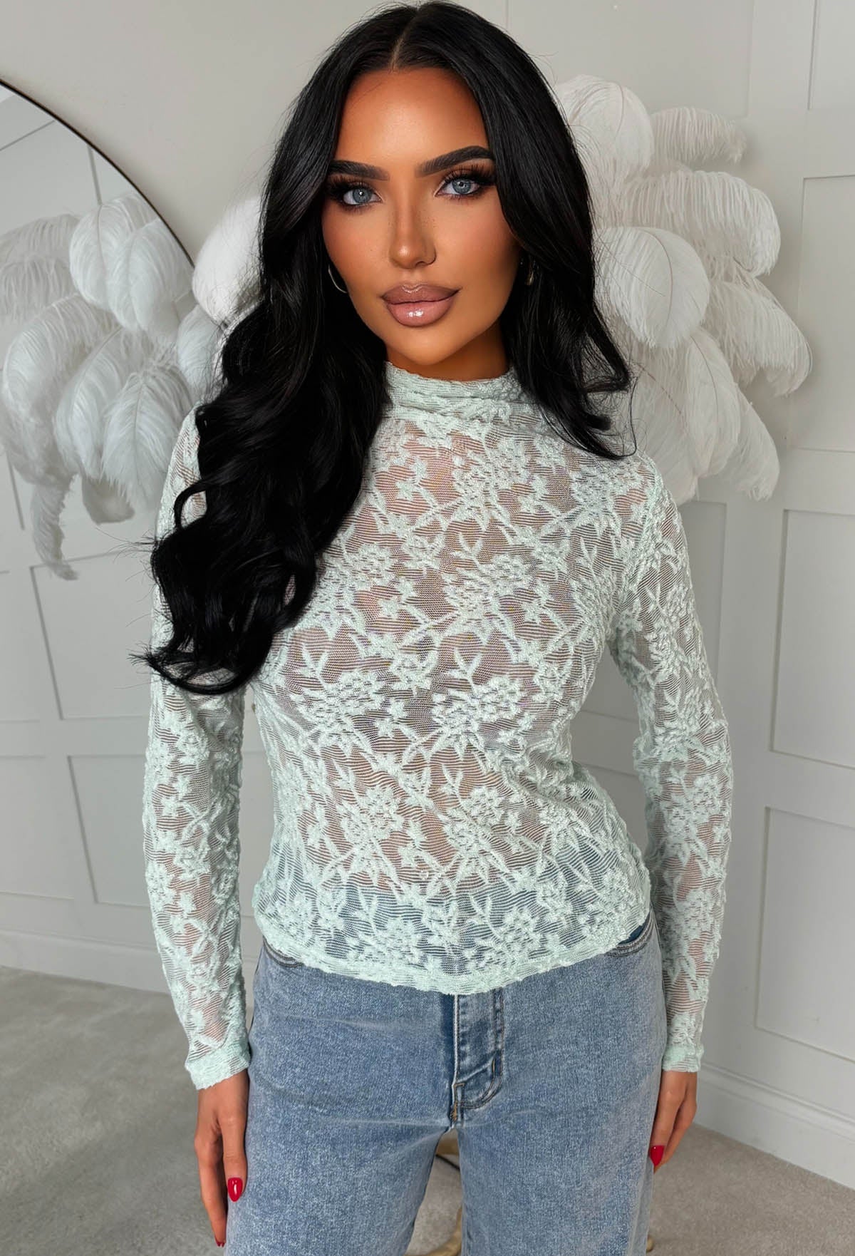 Luxe Vision Green Sheer Lace Top