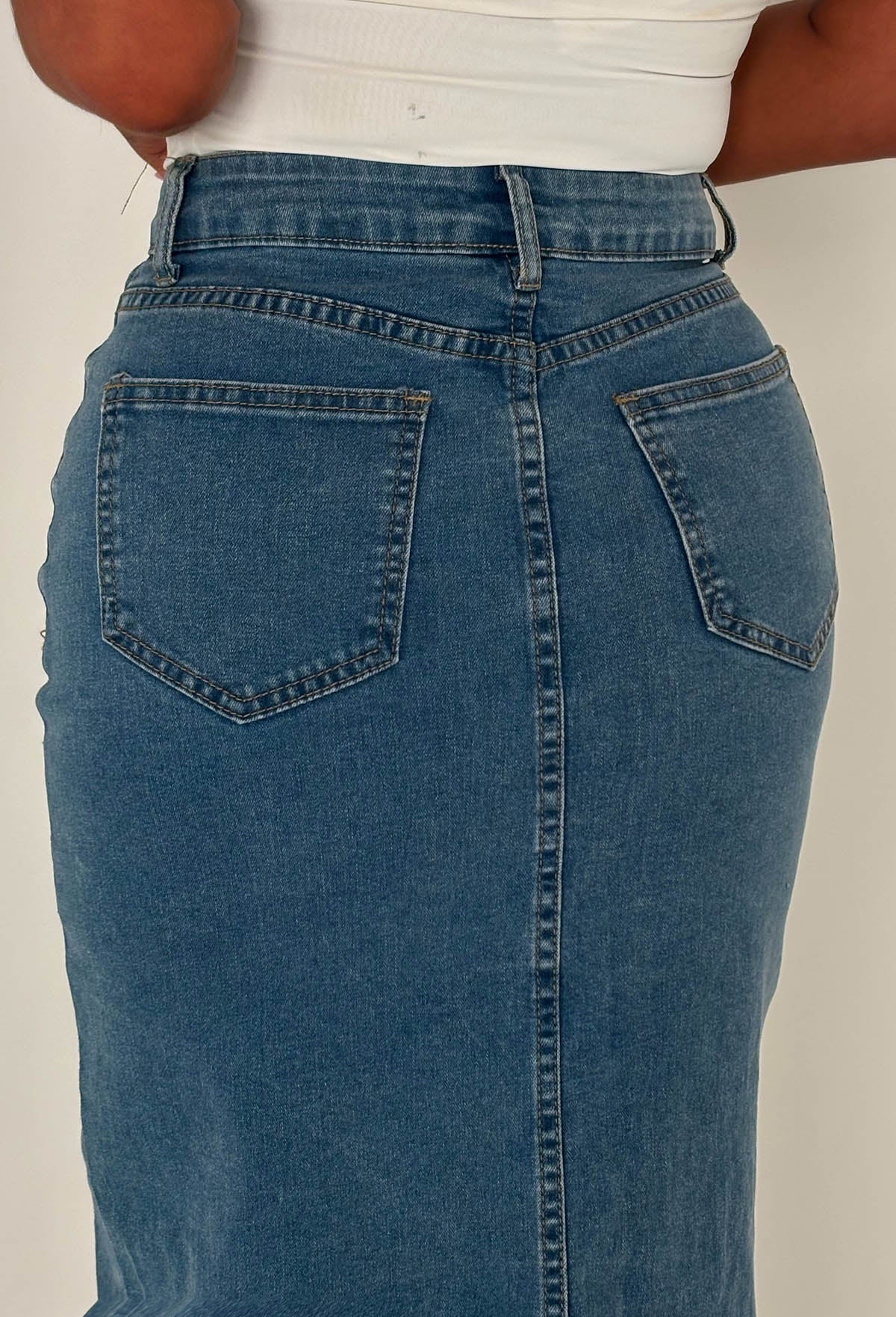 Maggie Mid Blue Stretch Denim Maxi Button Front Skirt