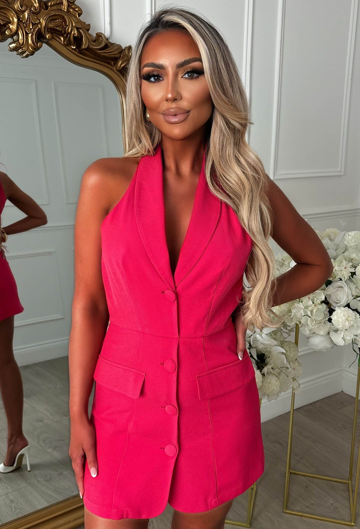 Fuchsia Halterneck Blazer Playsuit Model Rooftop