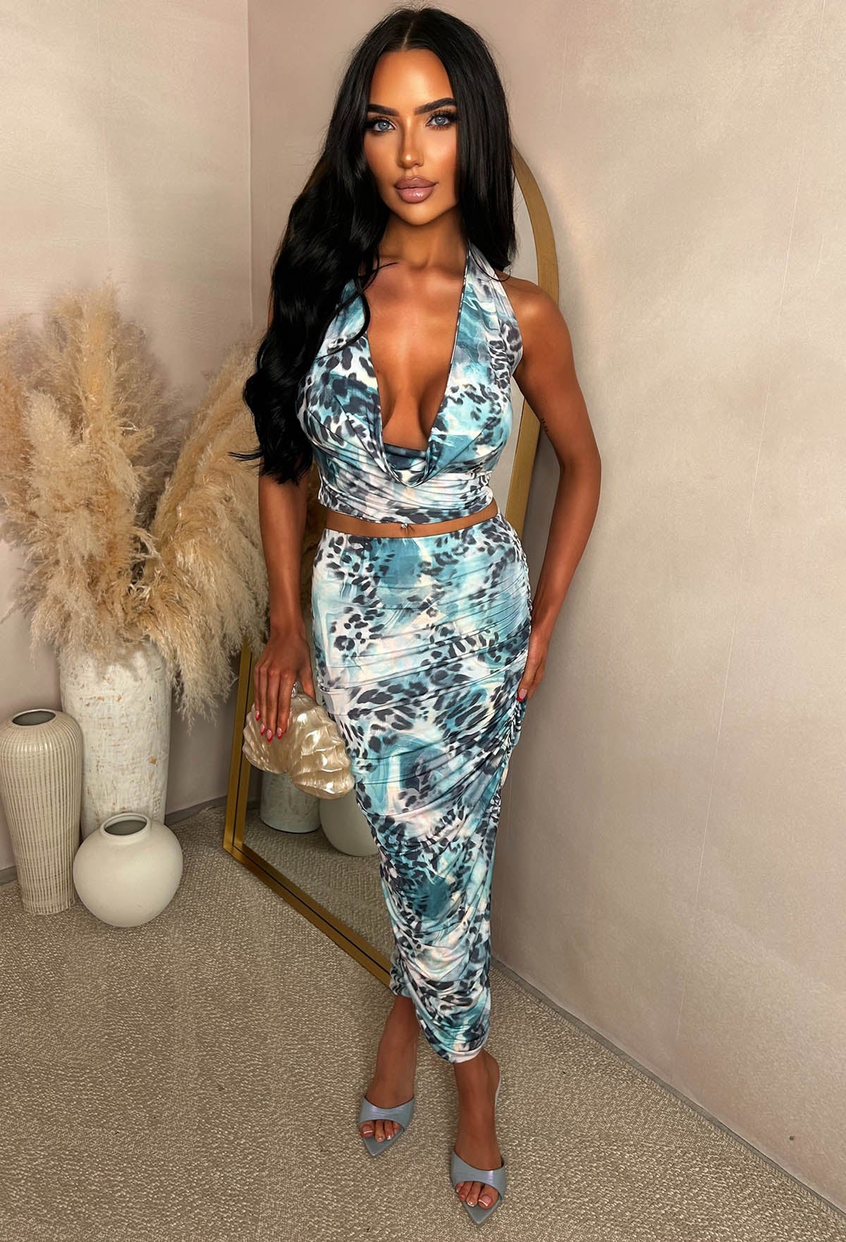 Maui Forever Blue Printed Cowl Top & Midaxi Skirt Co-Ord Set