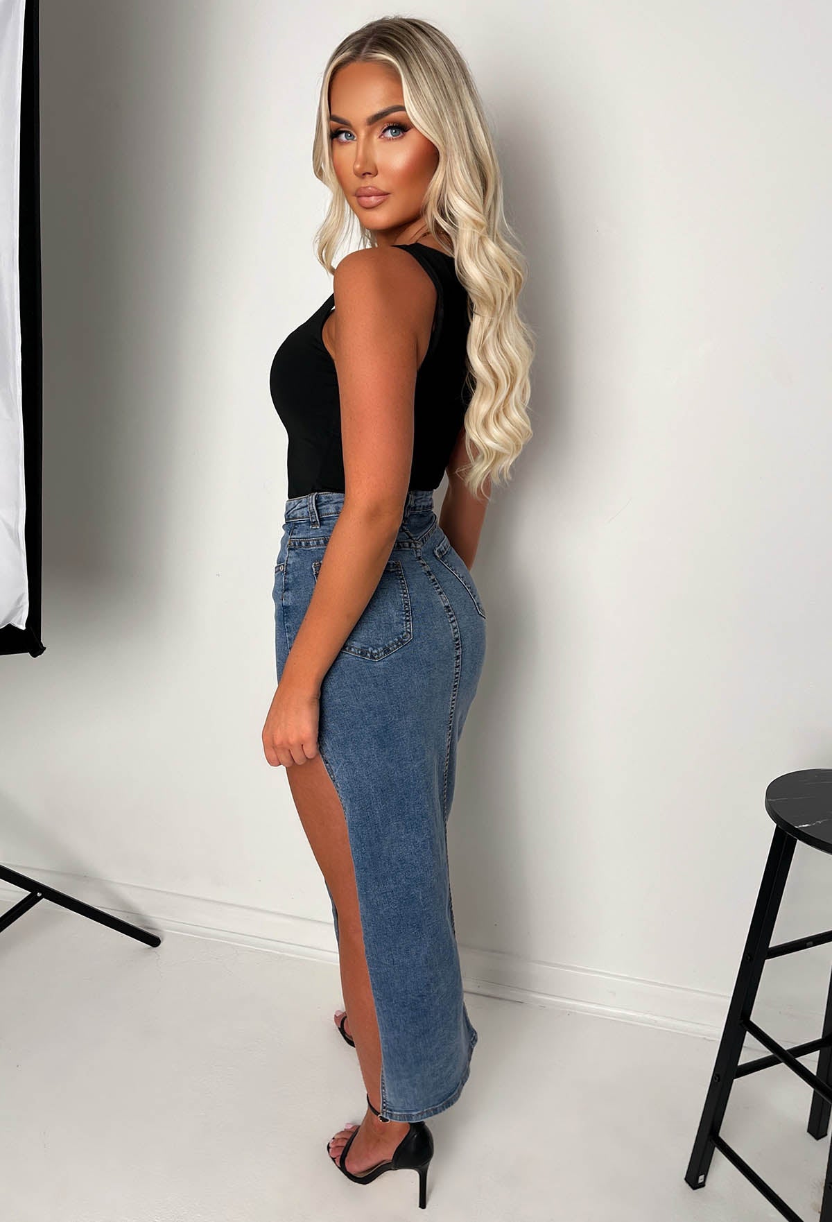 Maxed Out Mid Blue Stretch Denim Split Maxi Skirt