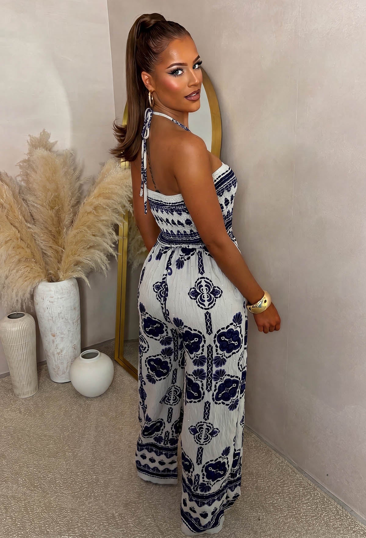 Navy Halterneck Tile Print Wide Leg Jumpsuit
