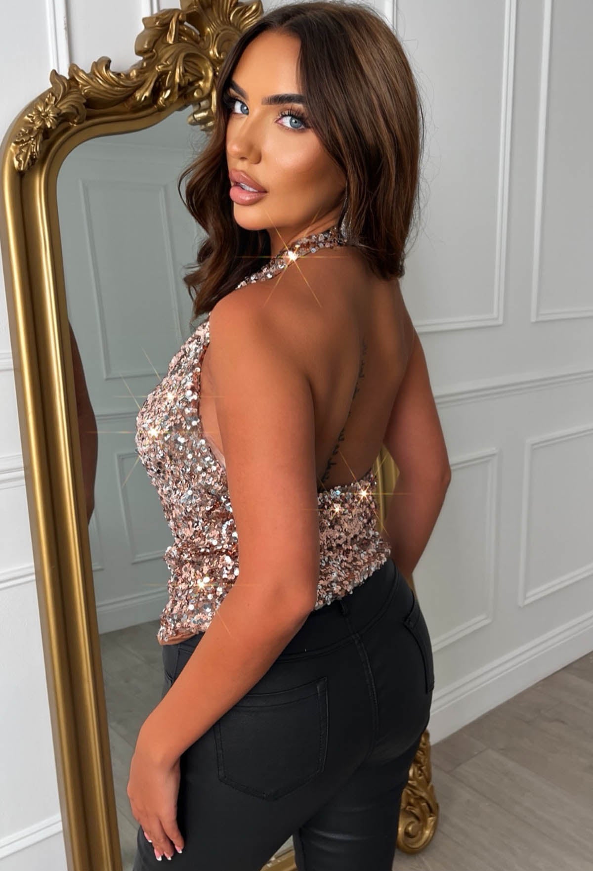 Midnight Drape Rose Gold Sequin Cowl Neck Top