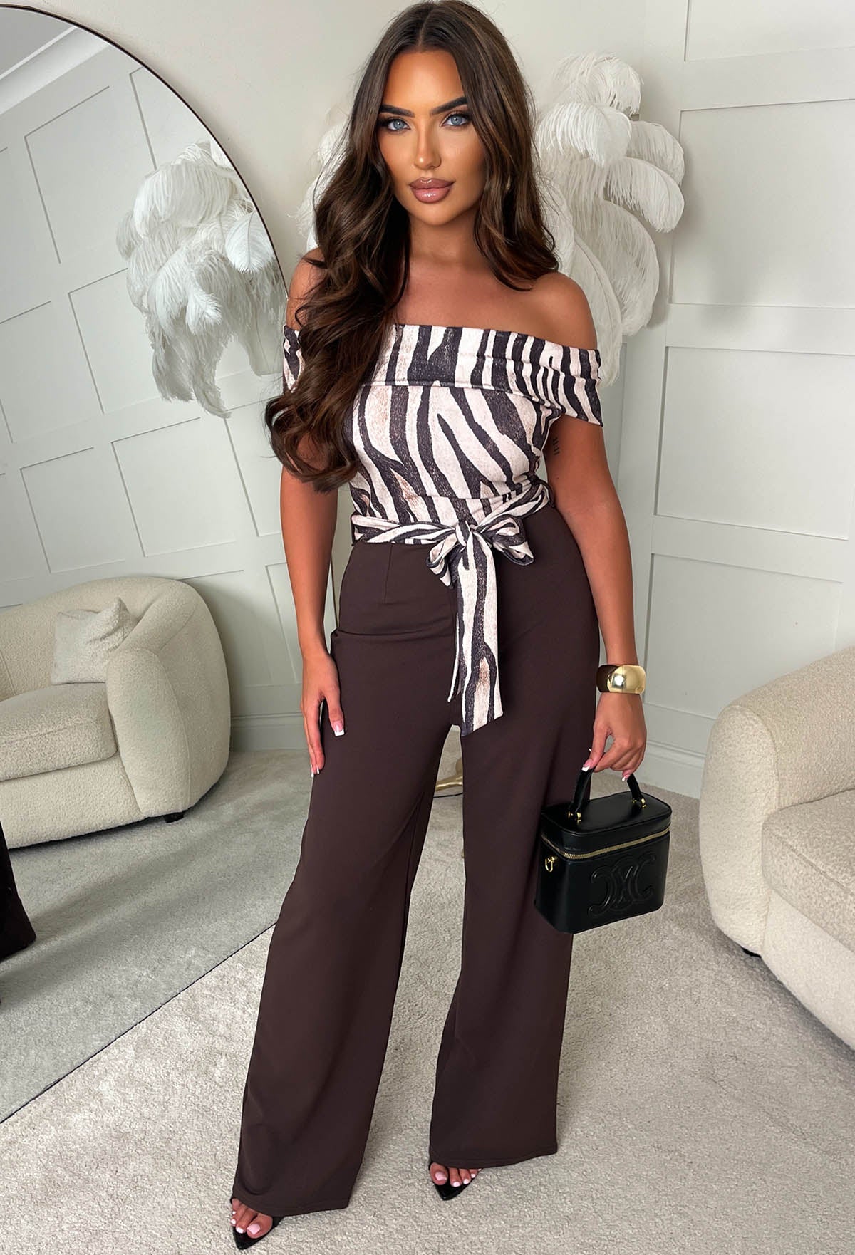 Miss Behave Brown Zebra Print Belted Bardot Jumpsuit