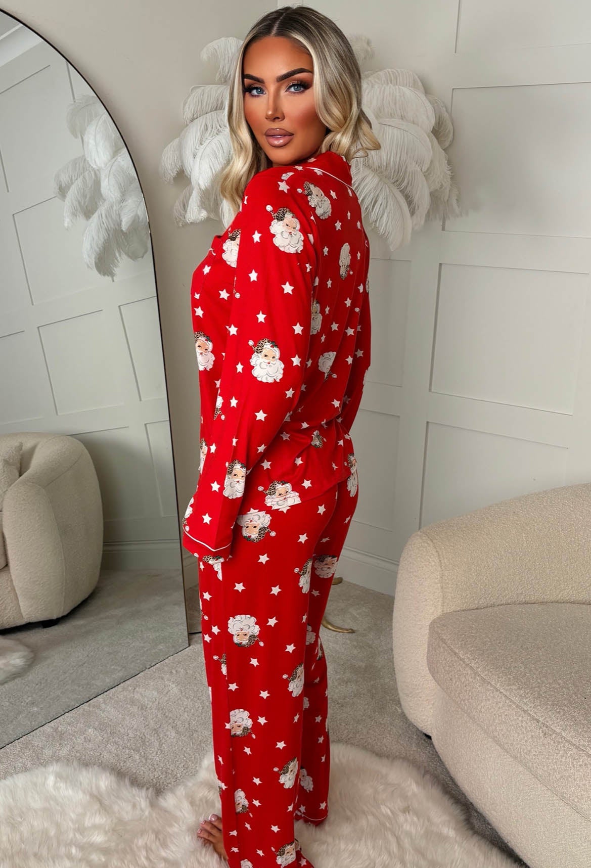 Mistletoe Mood Wine Leopard Santa Button Shirt And Long Pant Pyjama Set