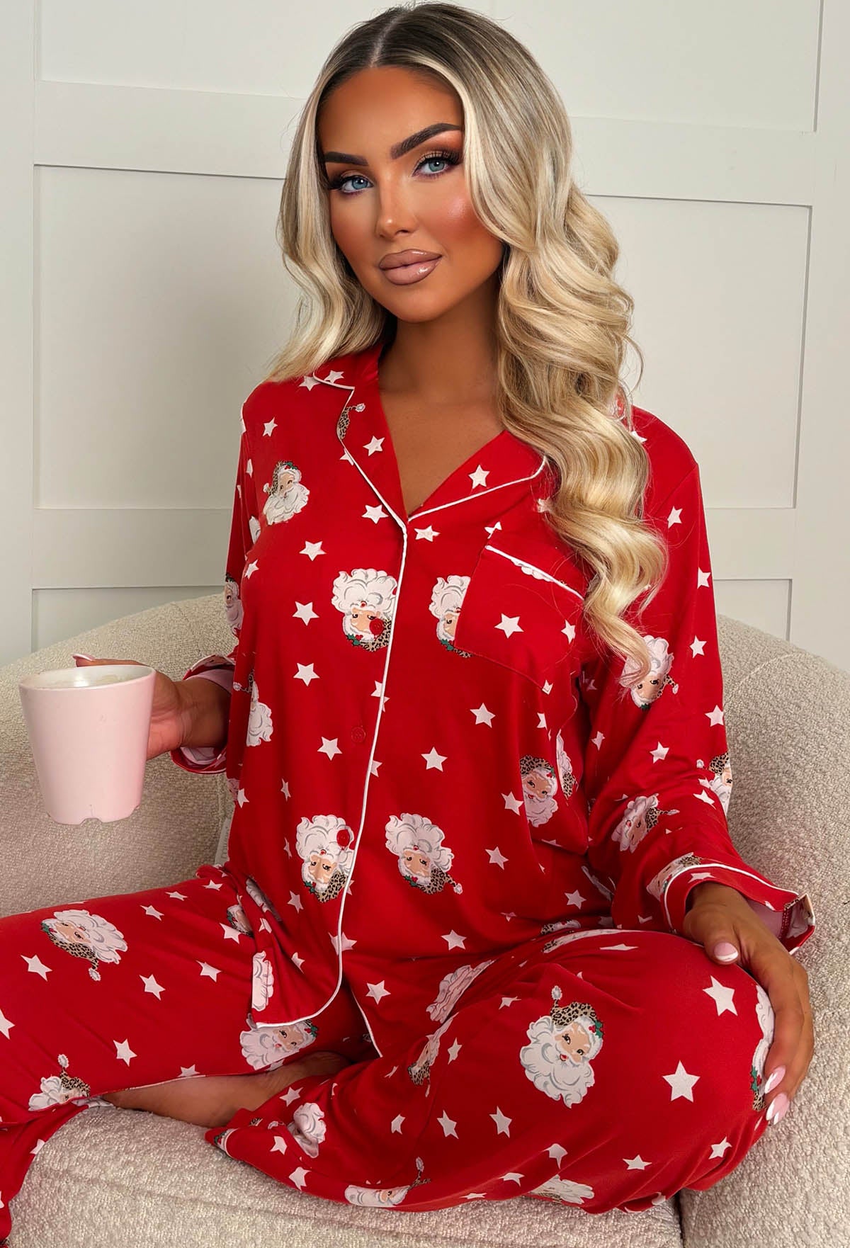 Mistletoe Mood Wine Leopard Santa Button Shirt And Long Pant Pyjama Set