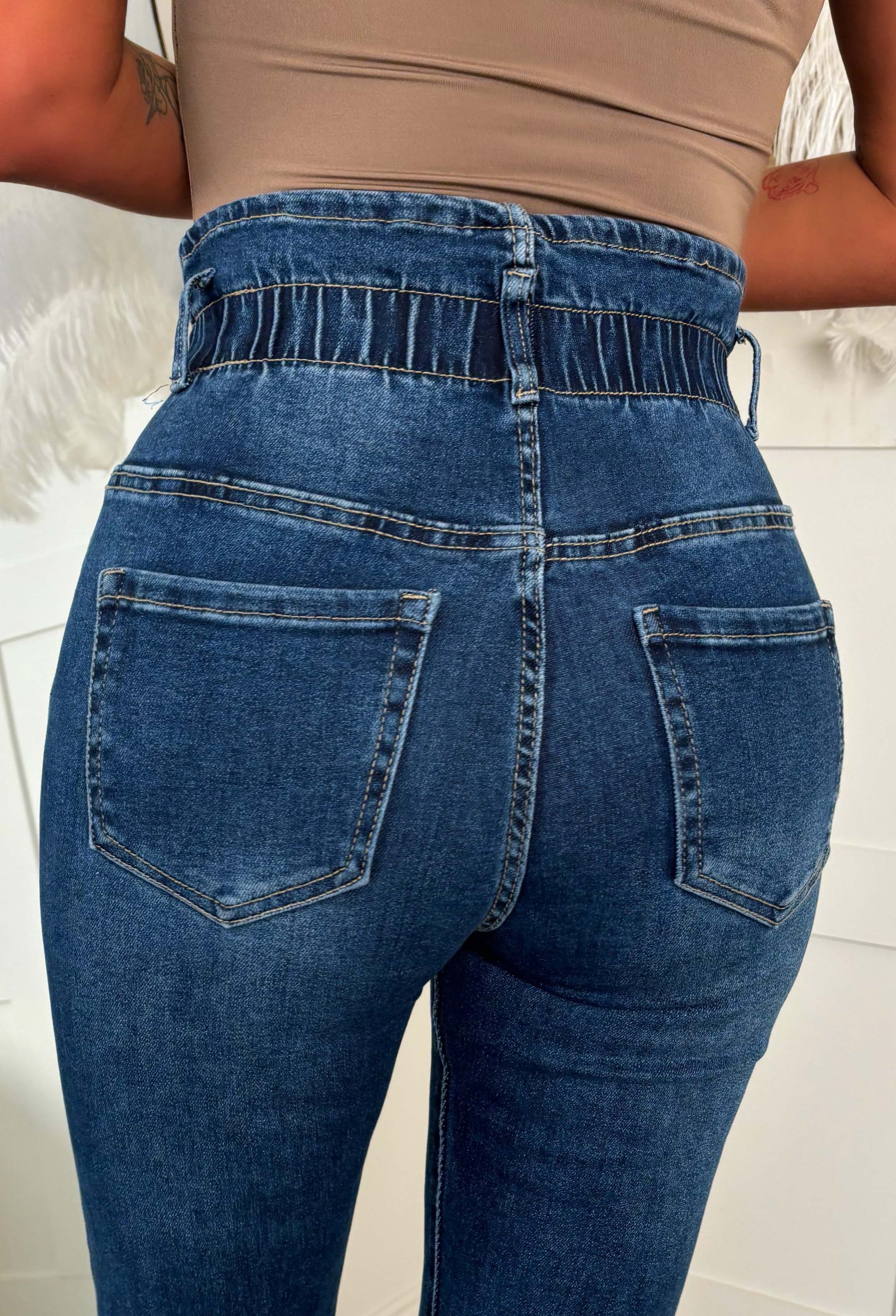 Moms The Word Mid Wash Stretch Denim Paperbag Mom Jeans