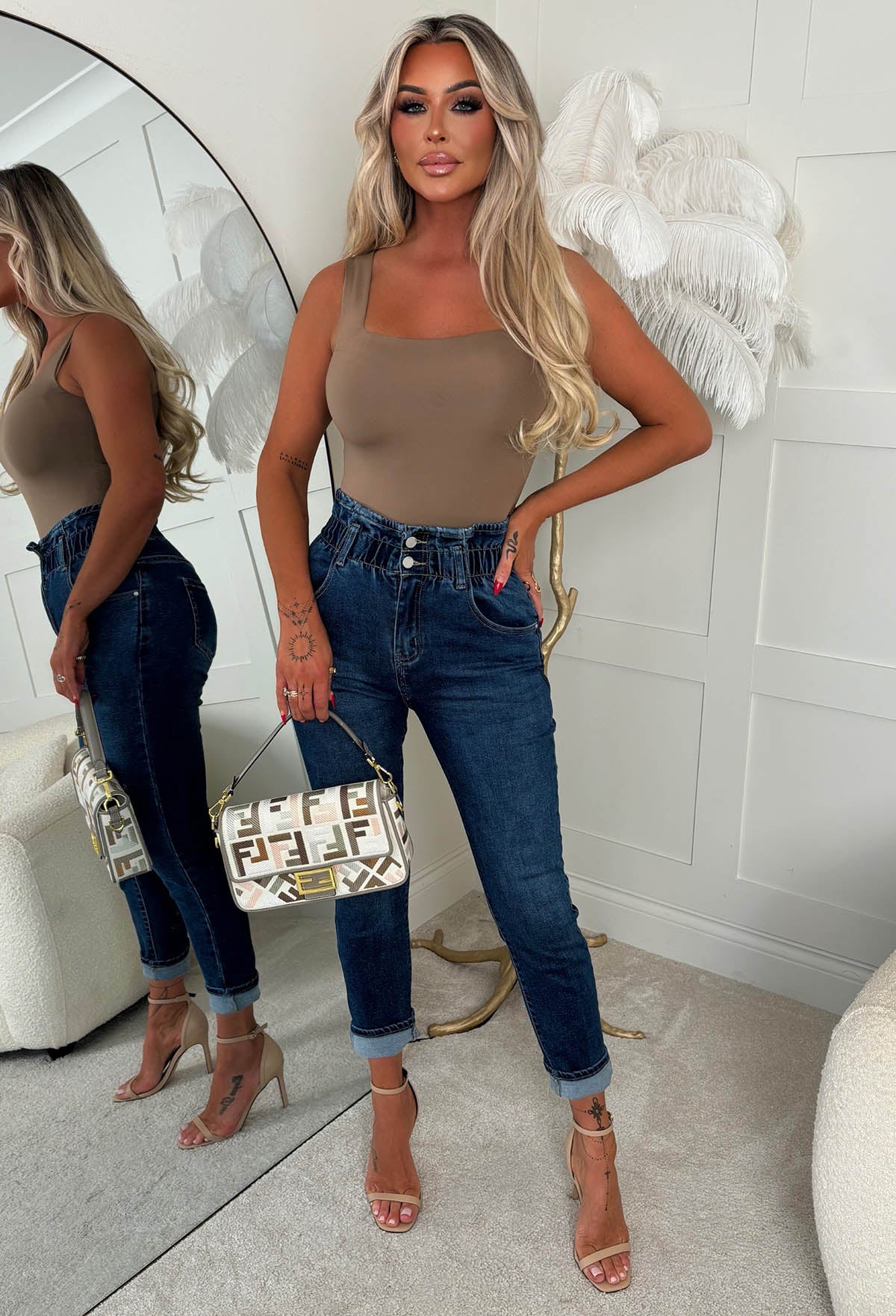 Moms The Word Mid Wash Stretch Denim Paperbag Mom Jeans