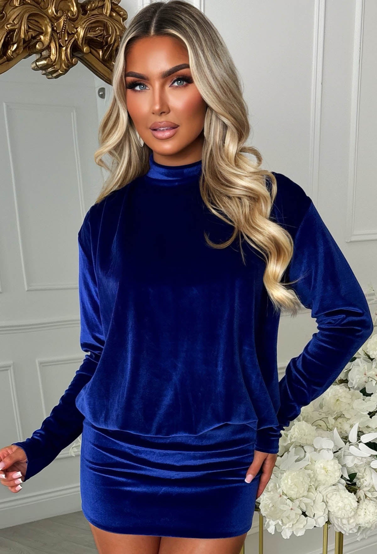 Moonbeam Maiden Cobalt High Neck Long Sleeve Velvet Mini Dress