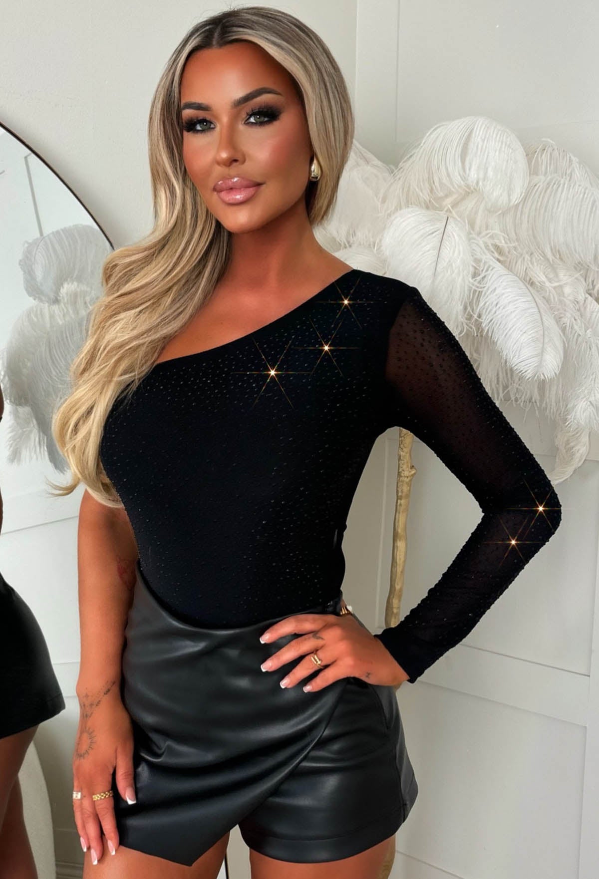 Moonlight Glimmer Black One Shoulder Diamante Mesh Bodysuit