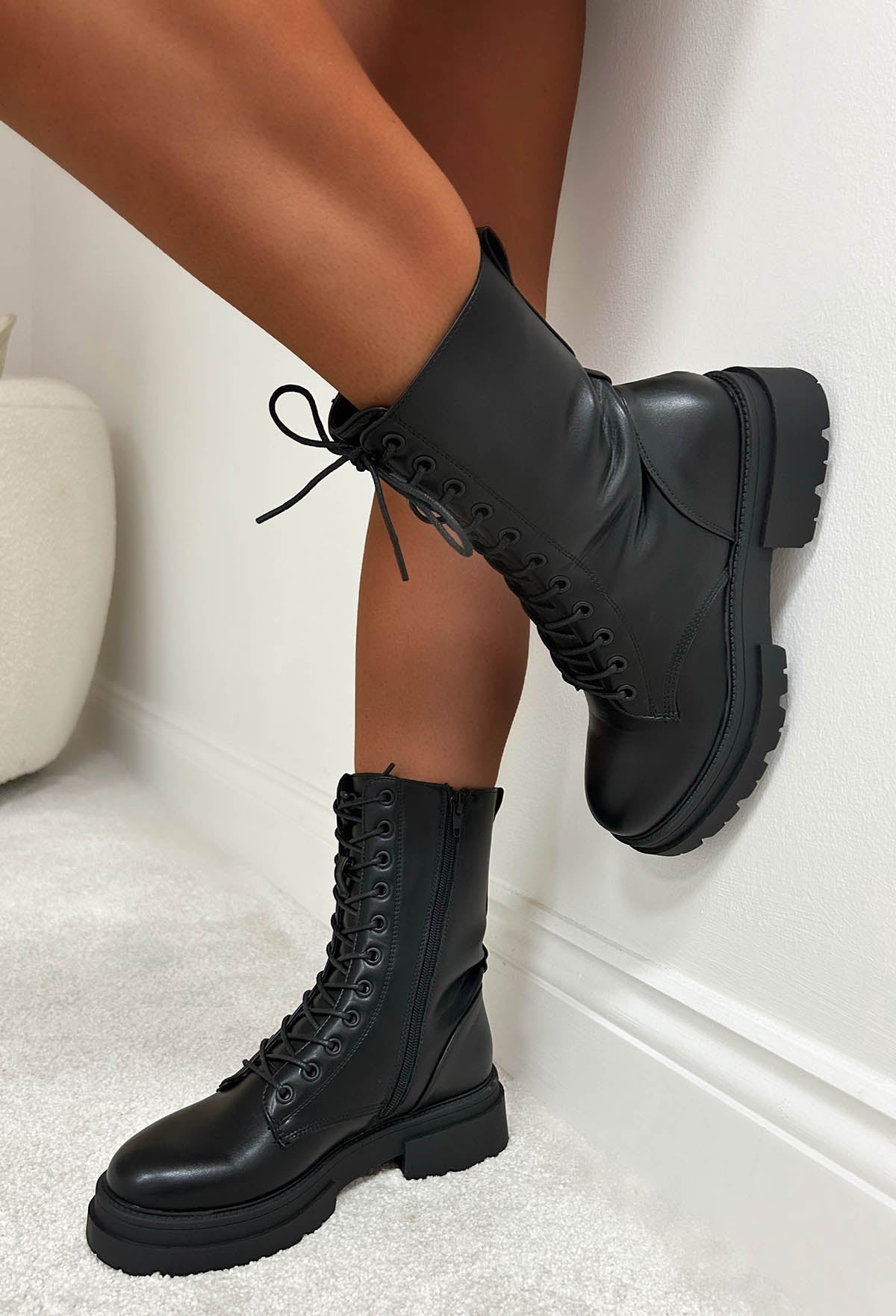 Black Faux Leather Lace Up Biker Boots