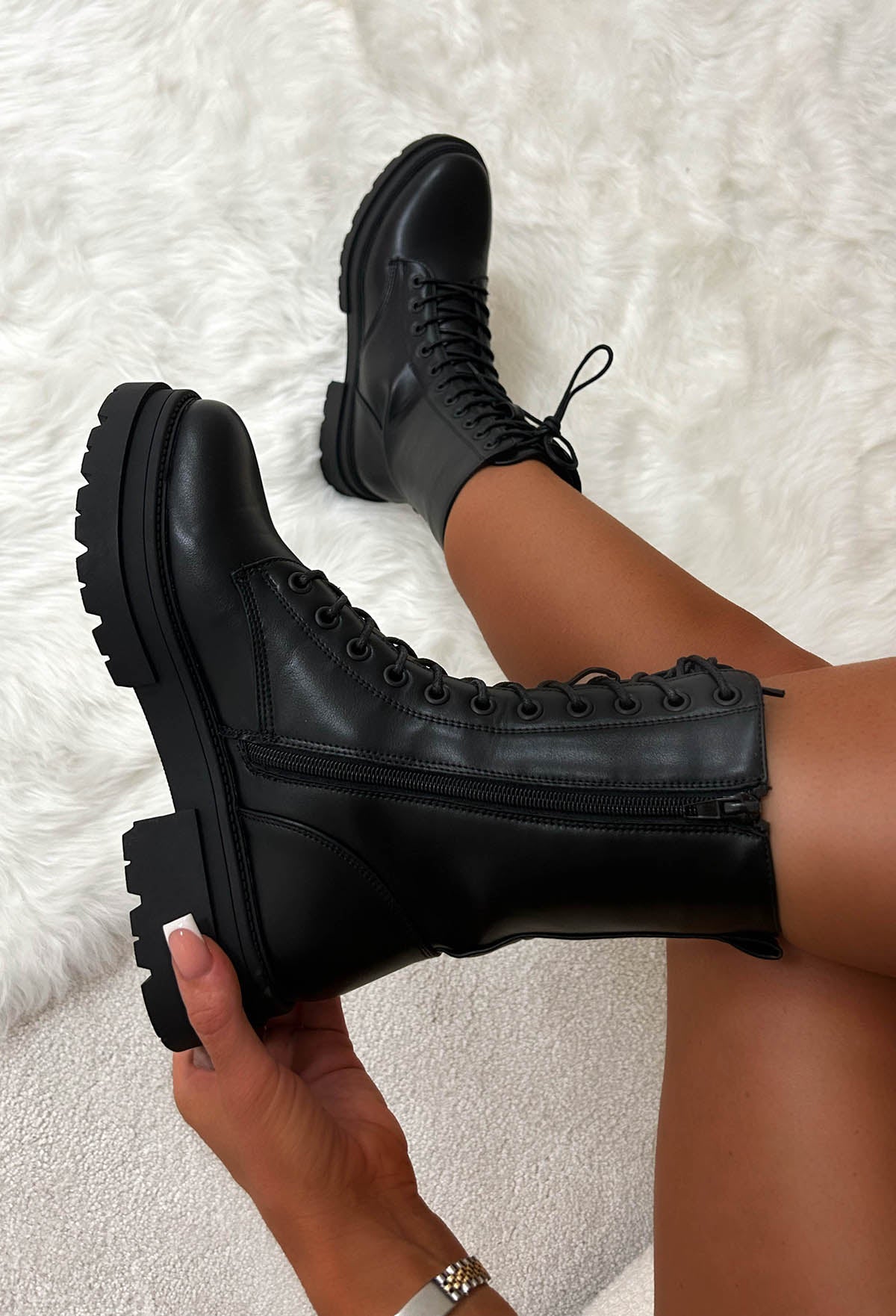 Black Faux Leather Lace Up Biker Boots