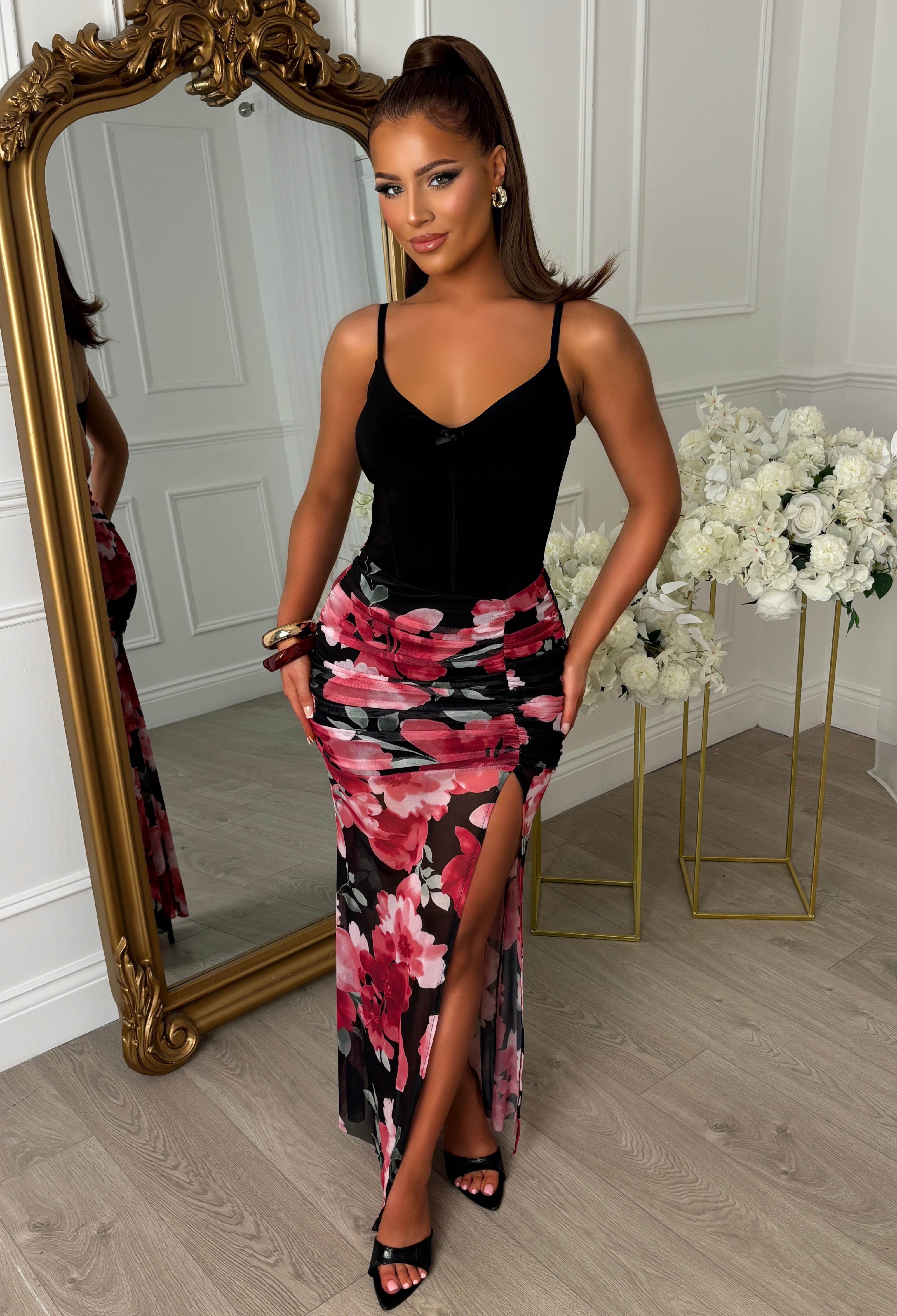 Multi floral print maxi dress with black cami top, thin straps and a thigh-high side split.
