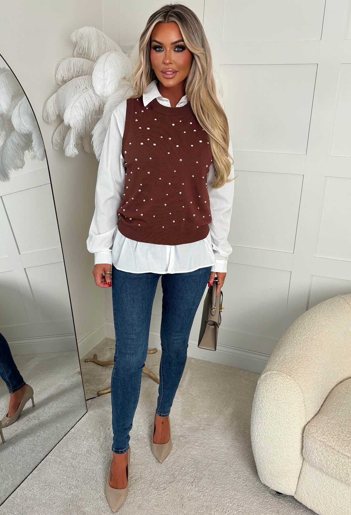 My Desire Brown 2 In 1 Embellished Jumper With Shirt