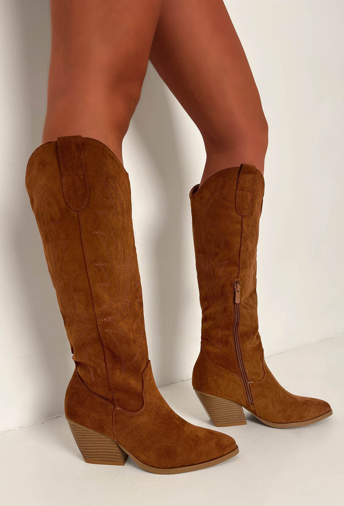 My Queen Tan Faux Suede Knee High Cowboy Boots