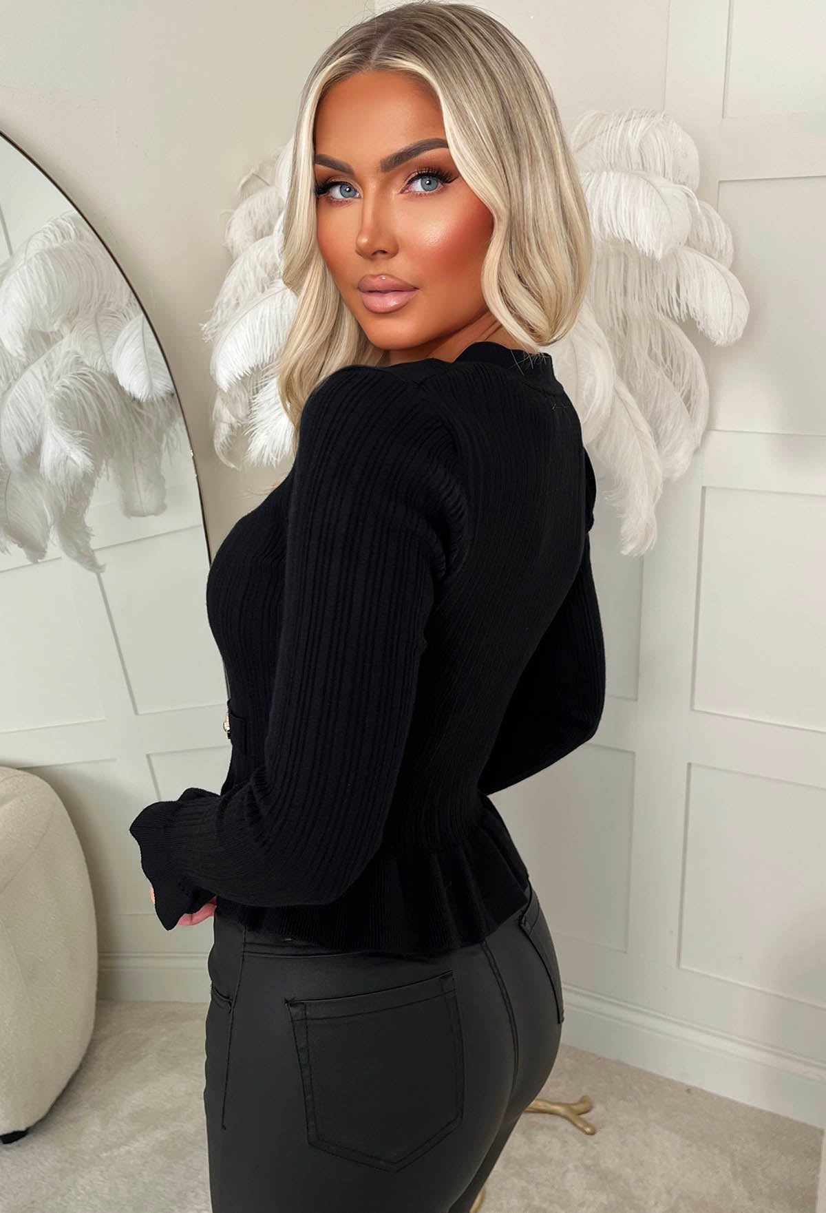 My Way Only Black Gold Button Frill Hem Cardigan