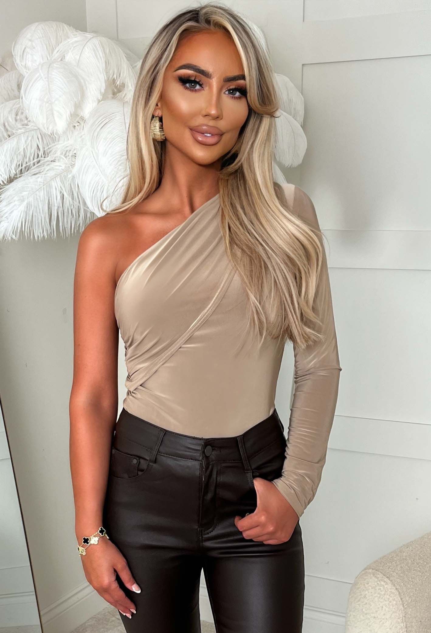 Naturally Chic Taupe Jersey One Shoulder Ruched Top