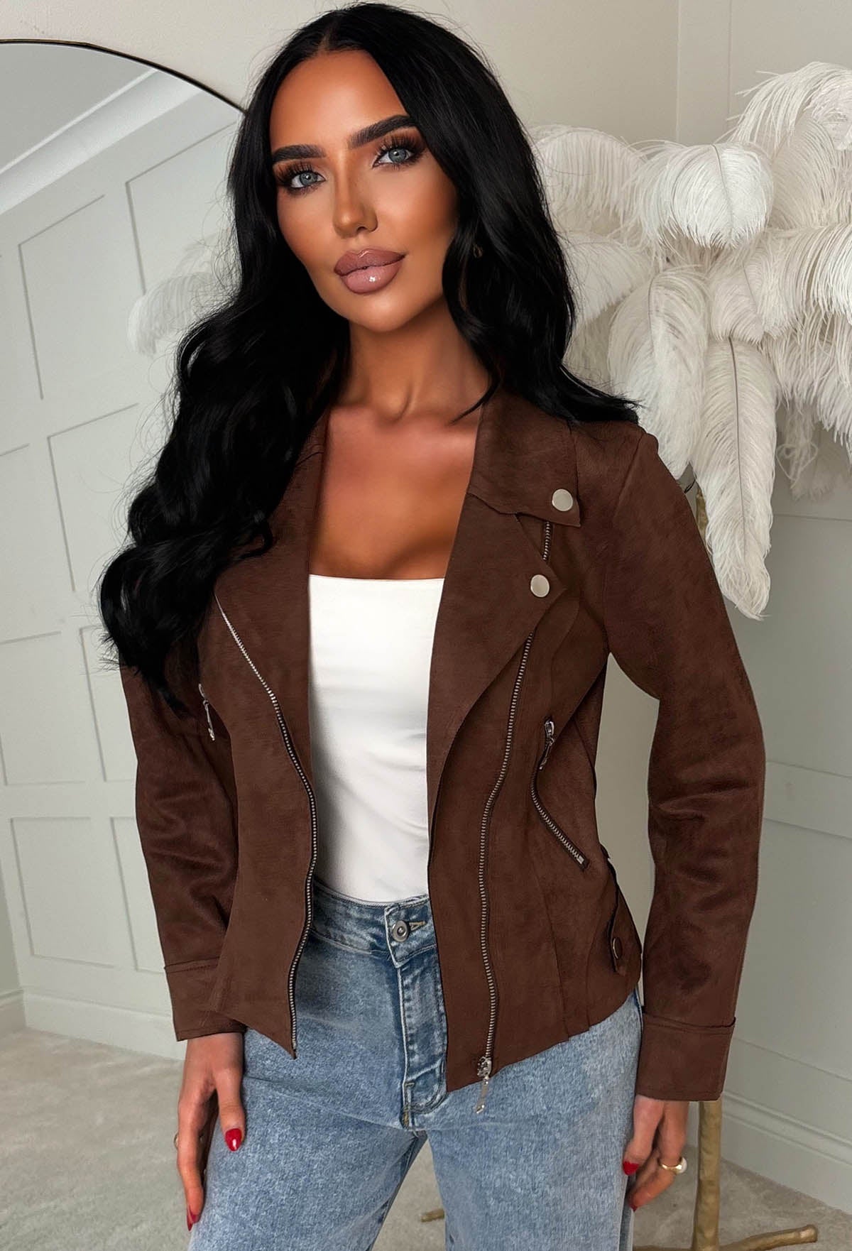 No Turning Back Chocolate Brown Lightweight Faux Suede Biker Jacket
