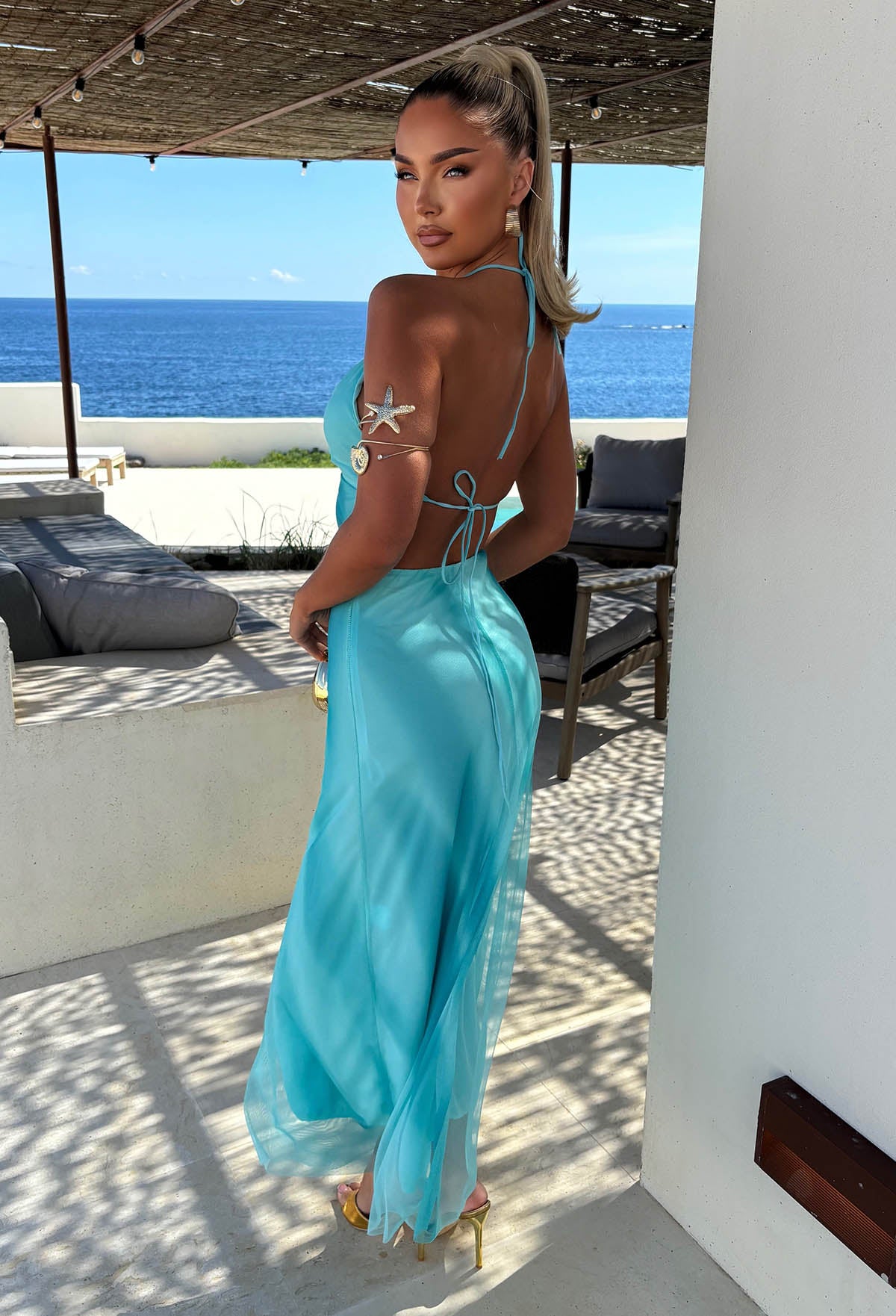 Blue Halter Neck Mesh Maxi Dress Full Length Back View
