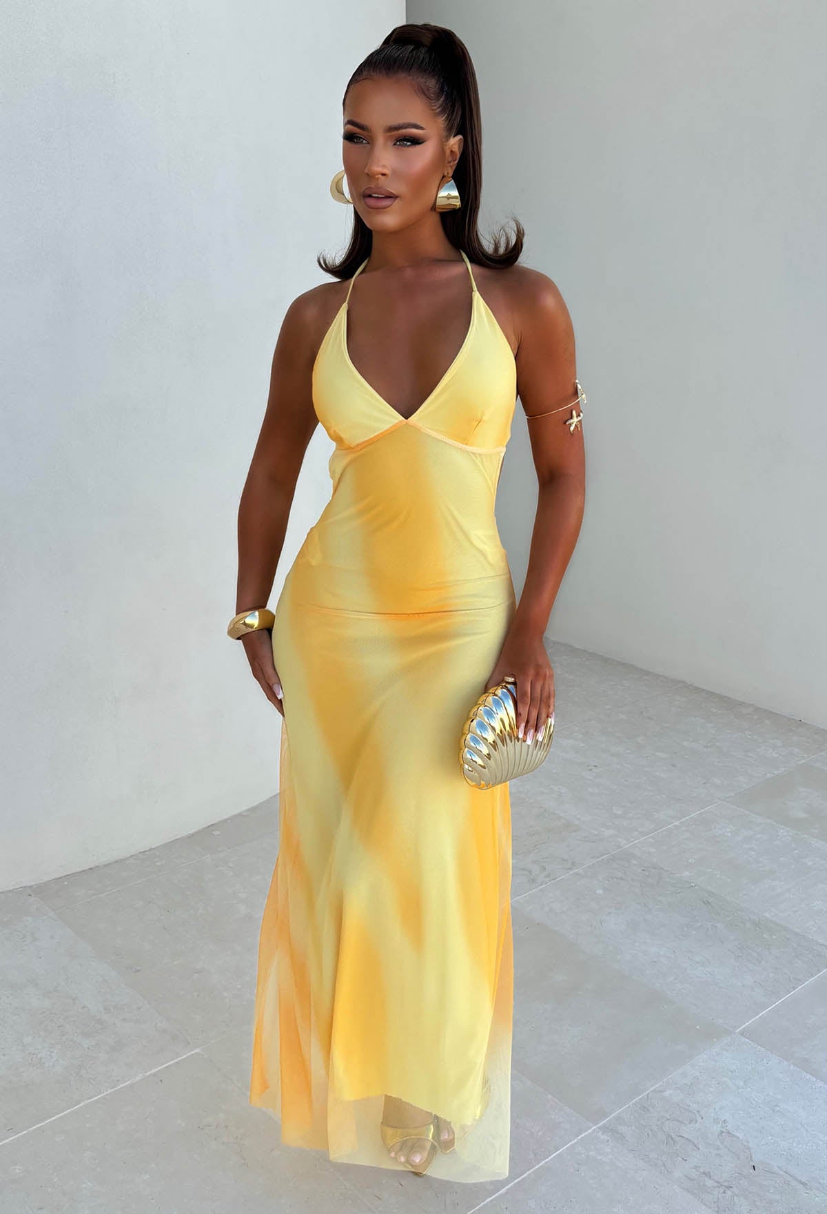 Yellow Halter Neck Print Mesh Maxi Dress Full Length Front View