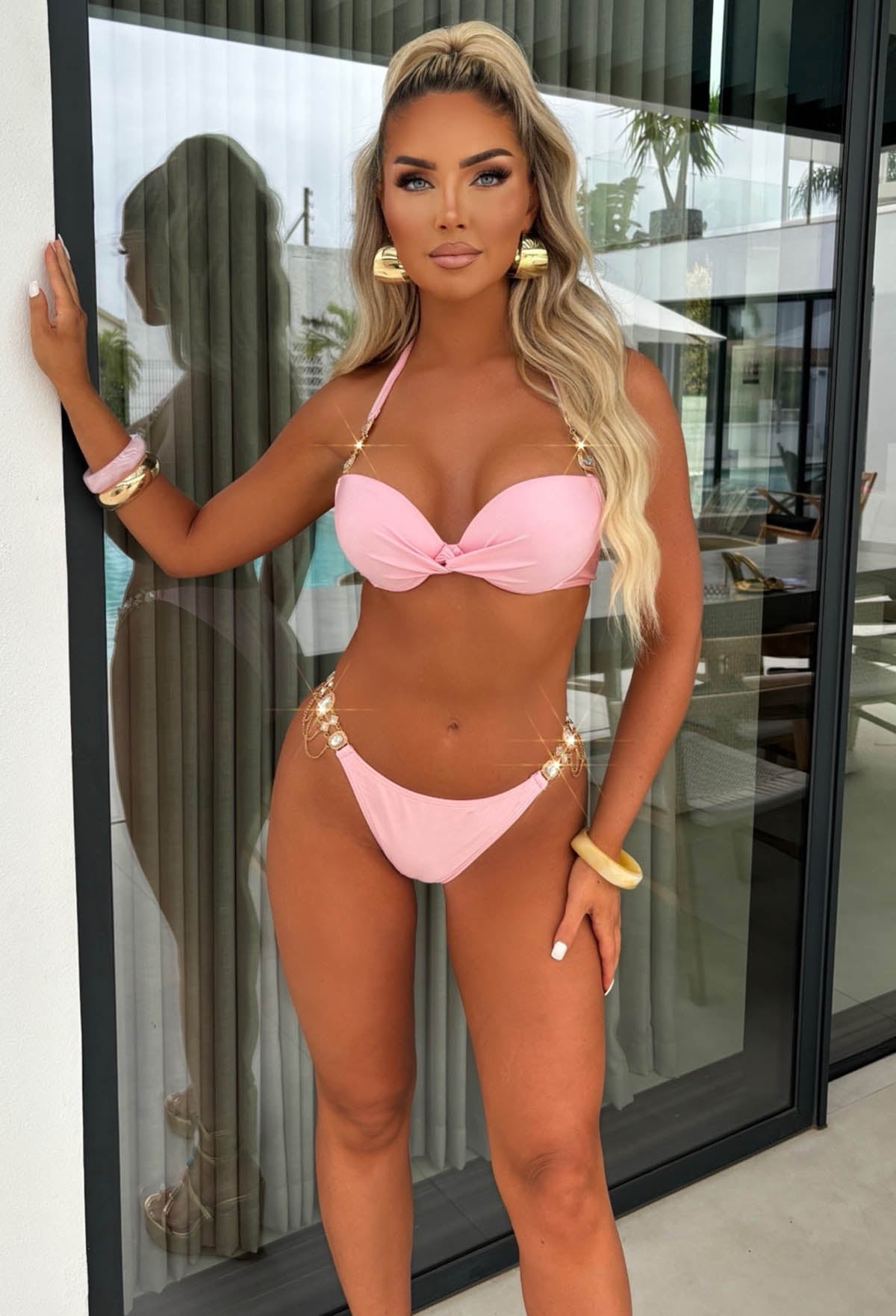 Ocean Obsession Baby Pink Ultra Embellished Push Up Knot Bikini