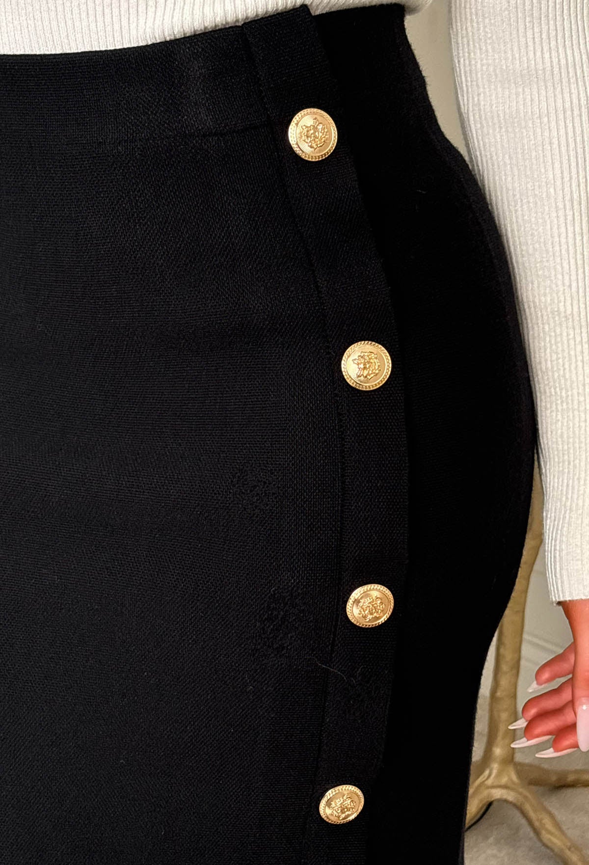 Office Baddie Black Gold Button Detail Knitted Midi Skirt