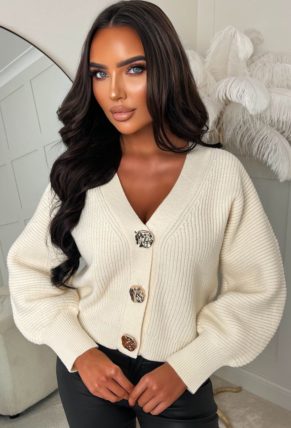 Opulent Glam Cream Ultra Soft Gold Button Cardigan