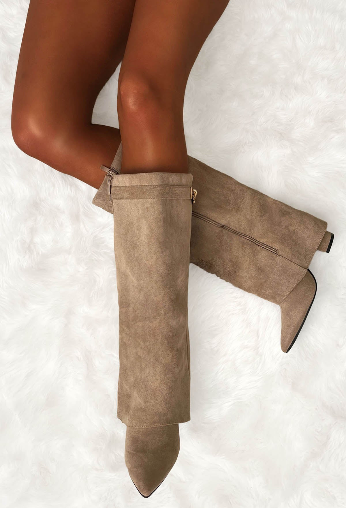 Our Secret Taupe Faux Suede Fold Over Knee High Lock & Key Shark Boots
