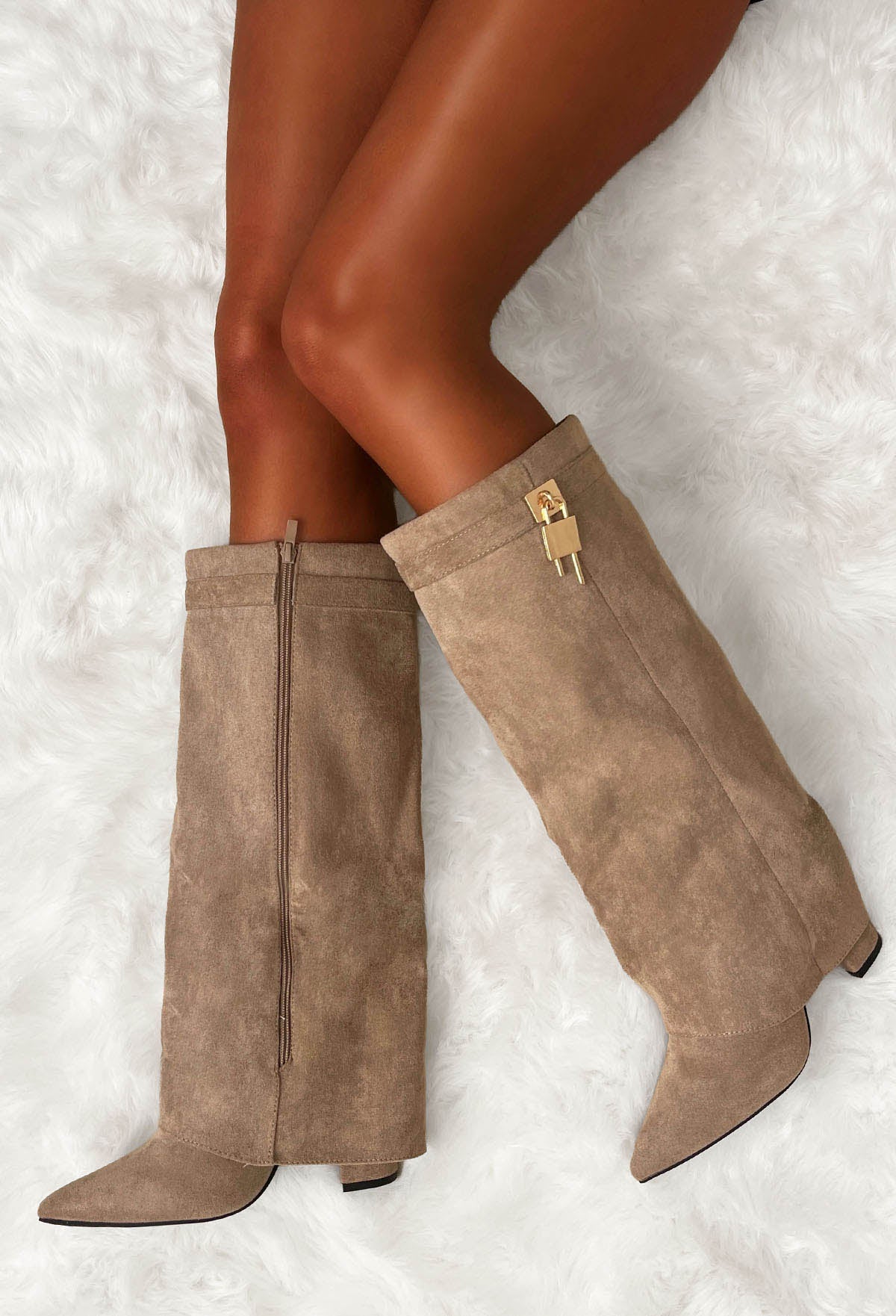 Our Secret Taupe Faux Suede Fold Over Knee High Lock & Key Shark Boots