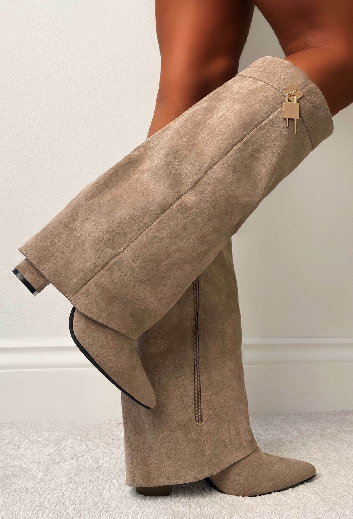Our Secret Taupe Faux Suede Fold Over Knee High Lock & Key Shark Boots