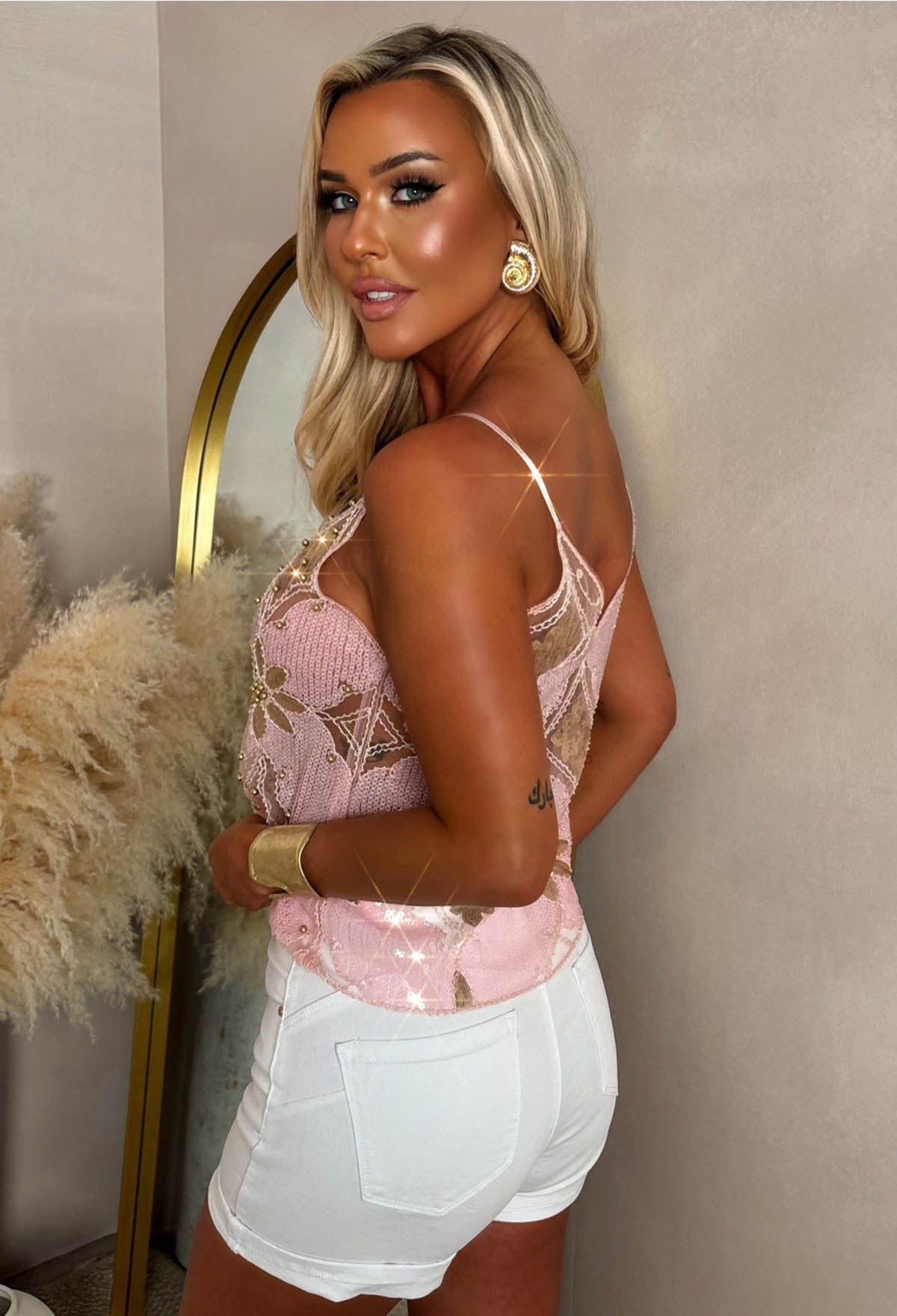 Pandora Pink Sequin Pearl Mesh Cami Top