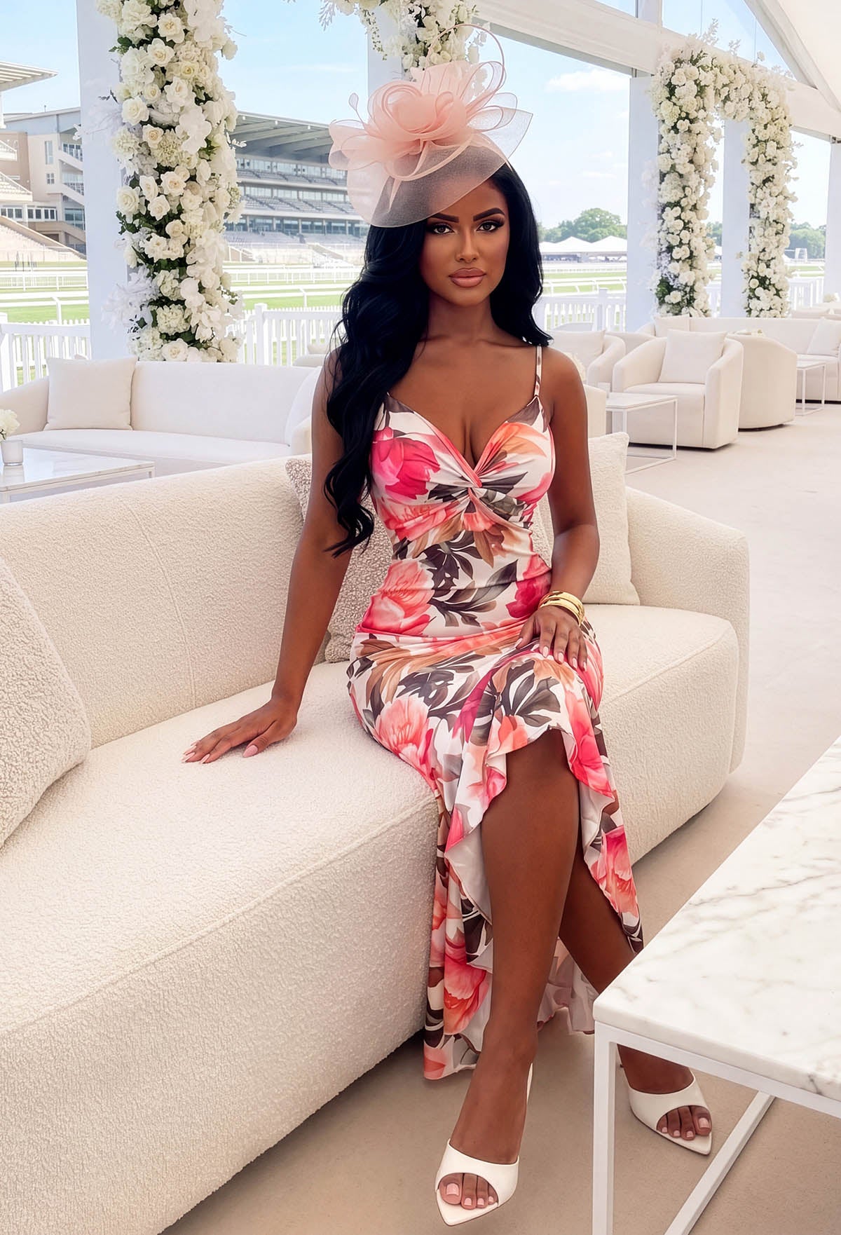 Perfect Poise Multi Rose Print Twist Front Ruffle Midi Dress