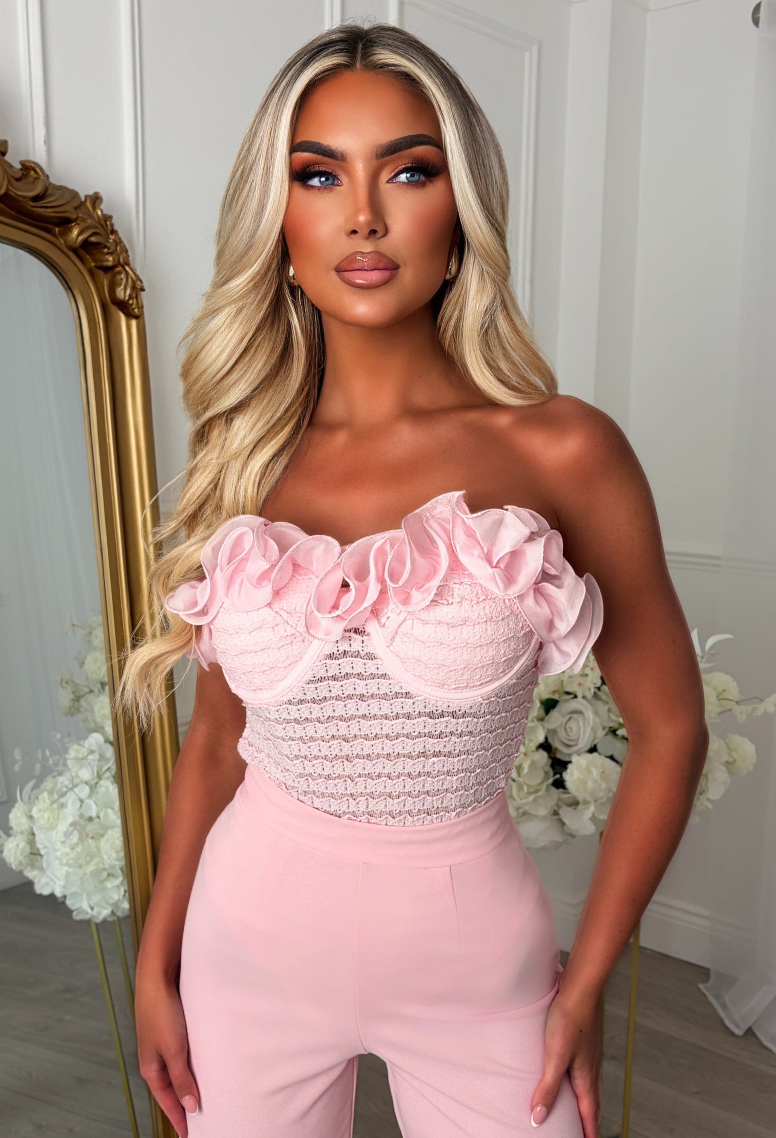 Petal Flounce Pink Ruffle Bandeau Bodysuit