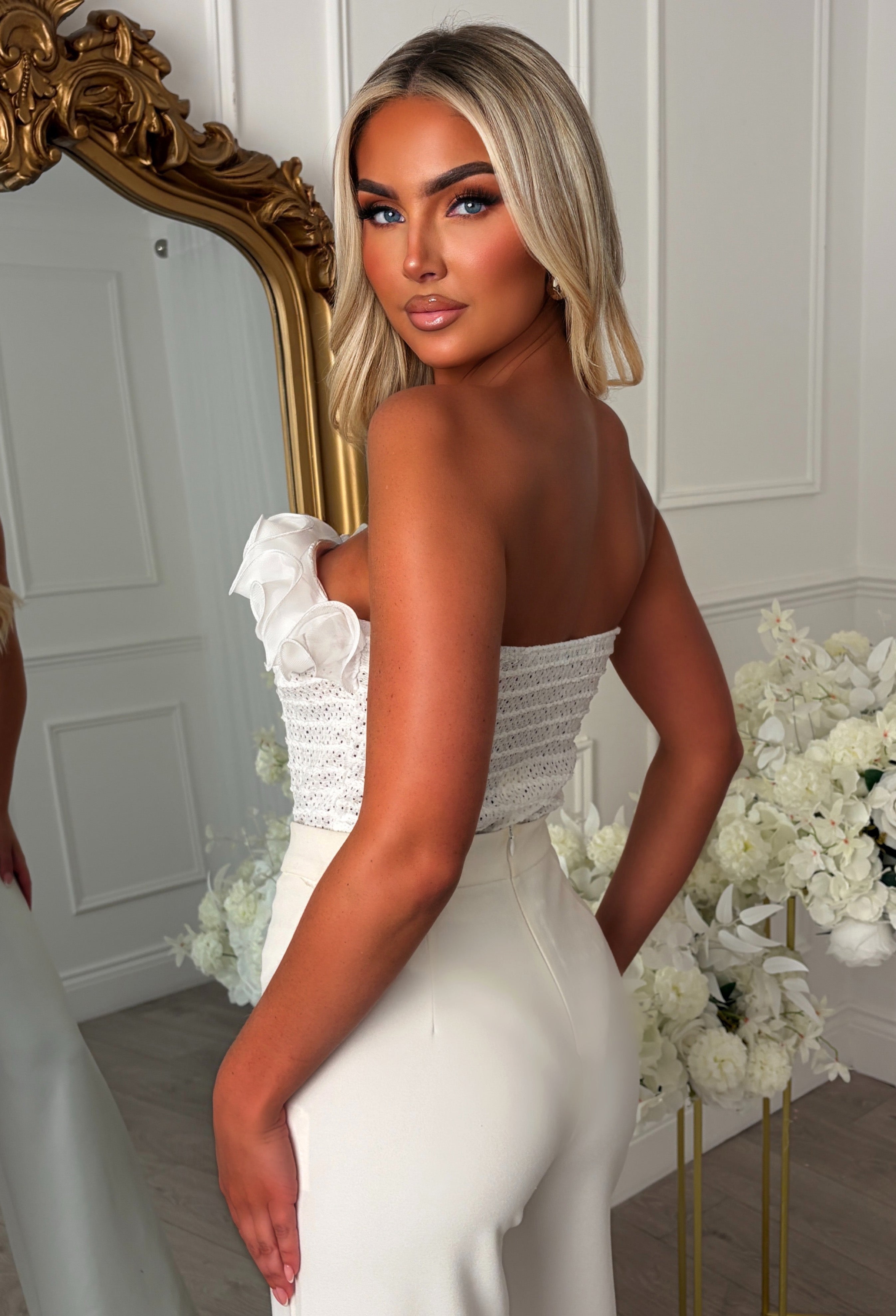 Petal Flounce White Ruffle Bandeau Bodysuit