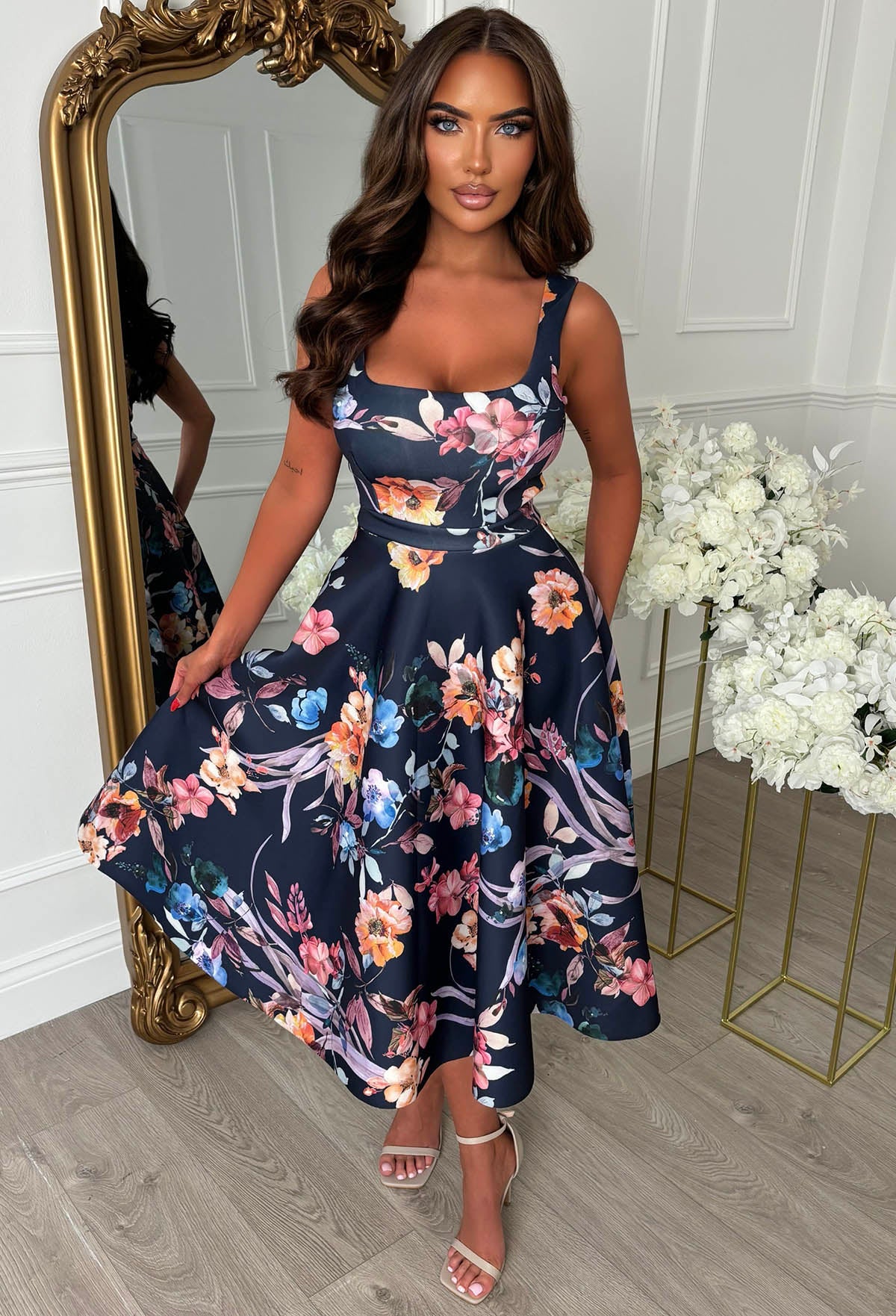 Petal Whisper Blue Pretty Floral Flared Skirt Midi Dress